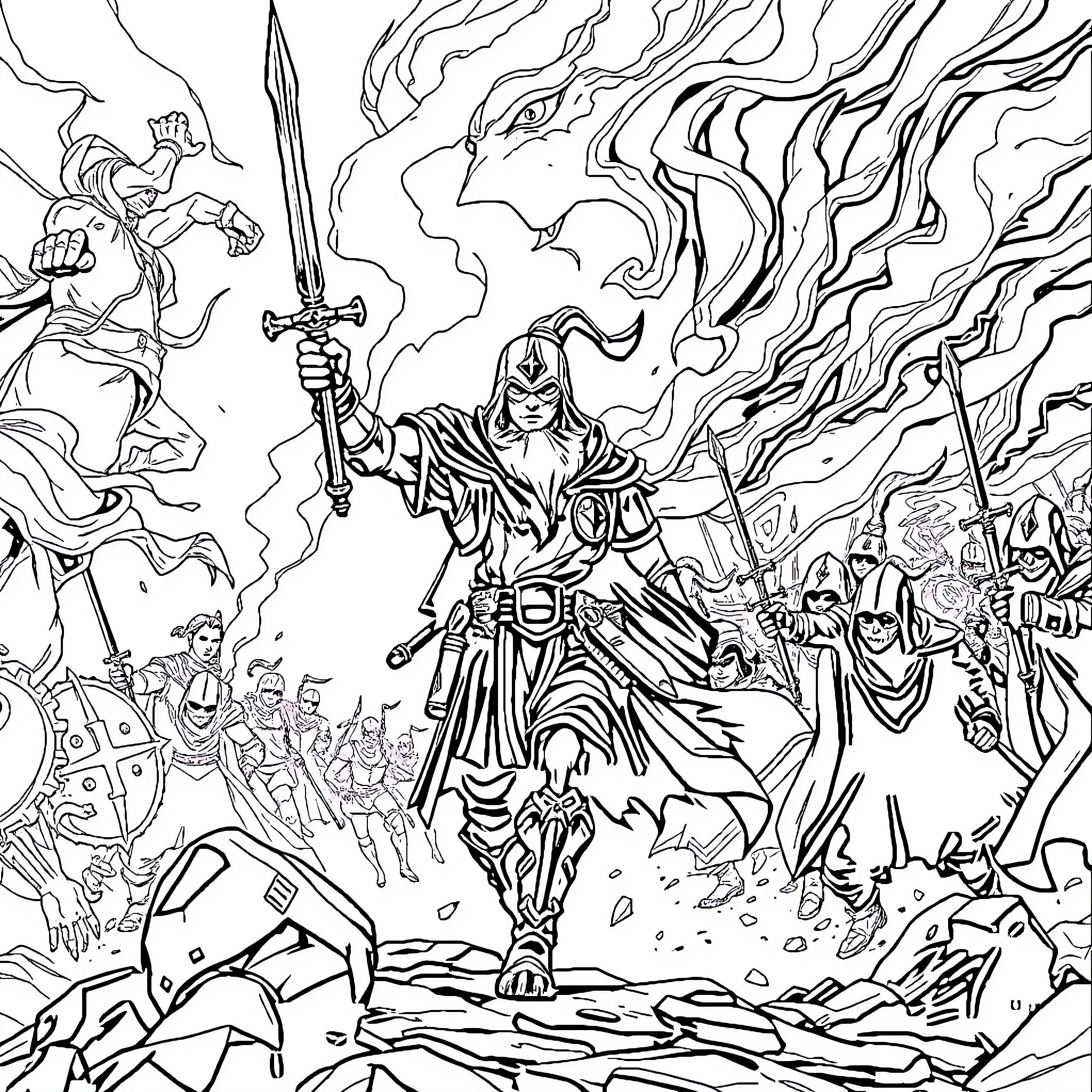 Leveling the Battlefield: Epic Warrior's Charge Coloring Page (free black-and-white line drawing printable PDF for all, from beginners to advanced learners, including children, teens, adults, and seniors)