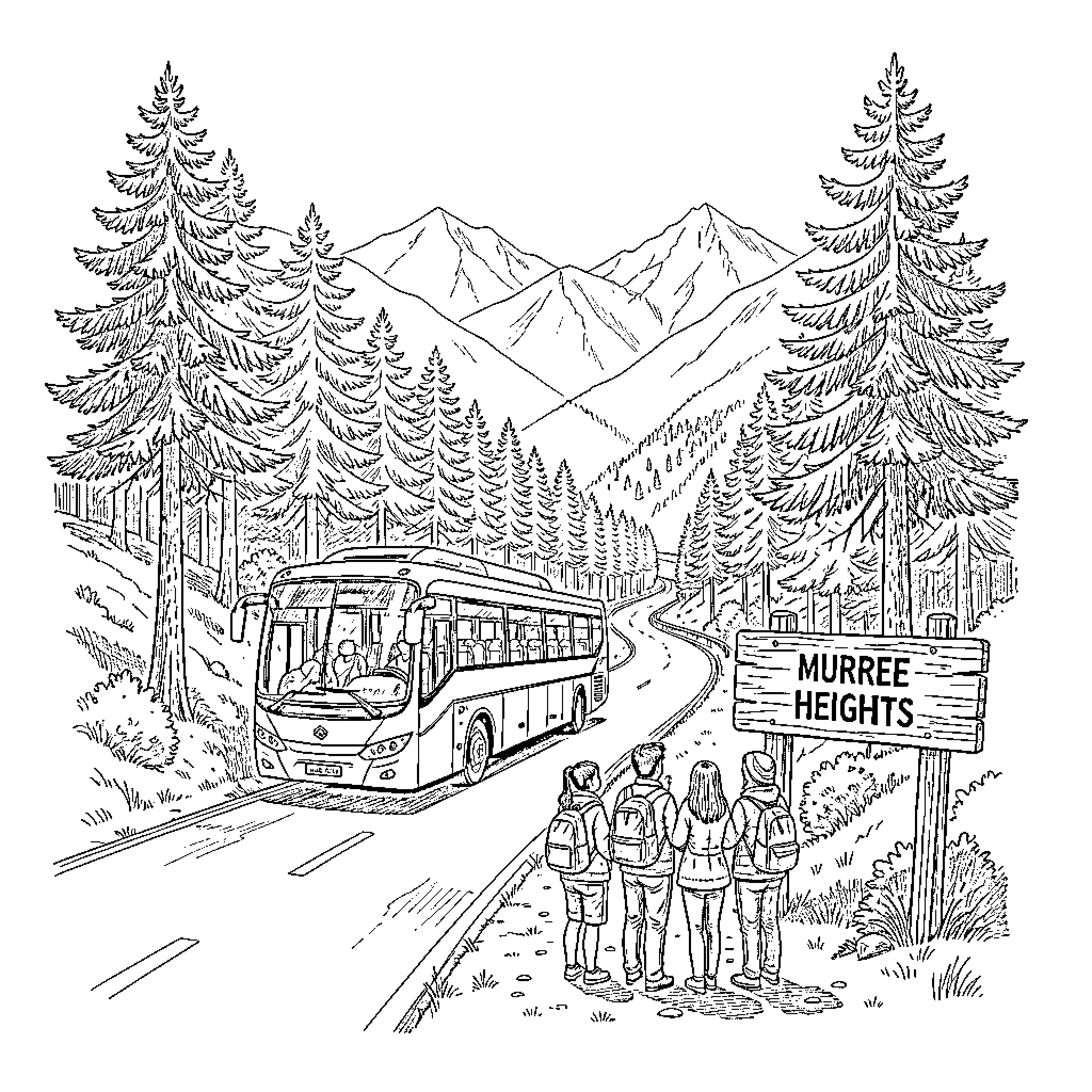 Mountain road scene with bus and tourists traveling Coloring Page (free black-and-white line drawing printable PDF for all, from beginners to advanced learners, including children, teens, adults, and seniors)
