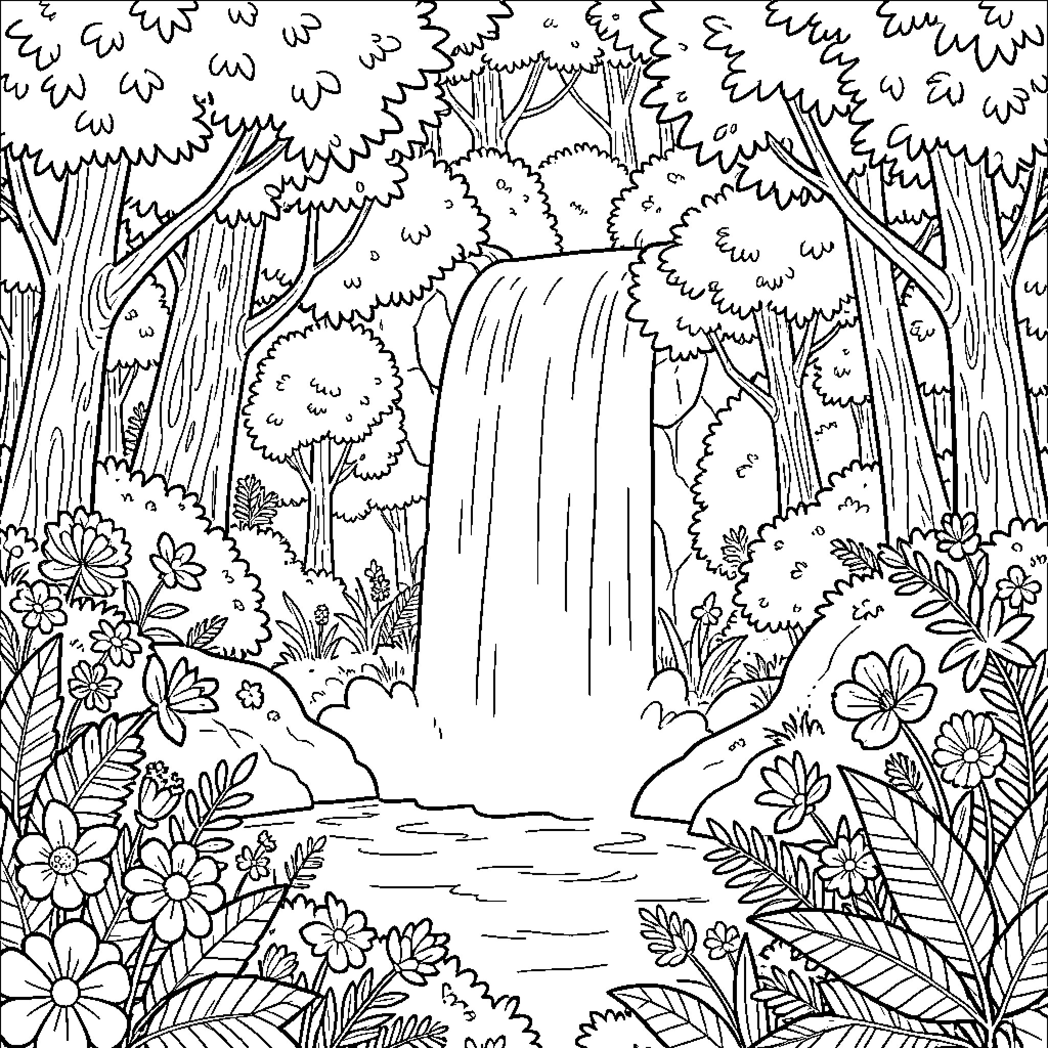 Cascada of tranquil nature Coloring Page (free black-and-white line drawing printable PDF for all, from beginners to advanced learners, including children, teens, adults, and seniors)