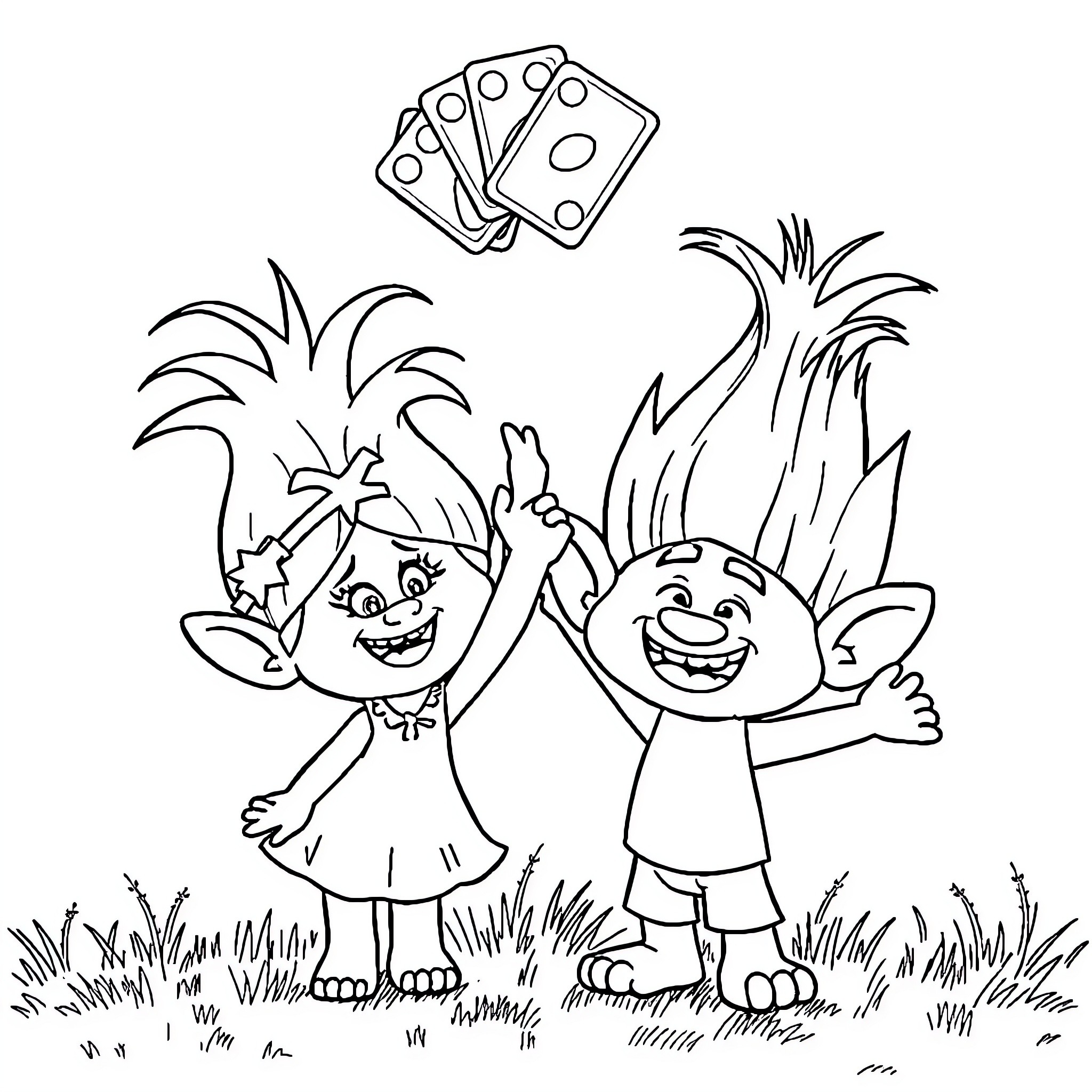 Trolls celebrating with dice in the park Coloring Page (free black-and-white line drawing printable PDF for all, from beginners to advanced learners, including children, teens, adults, and seniors)