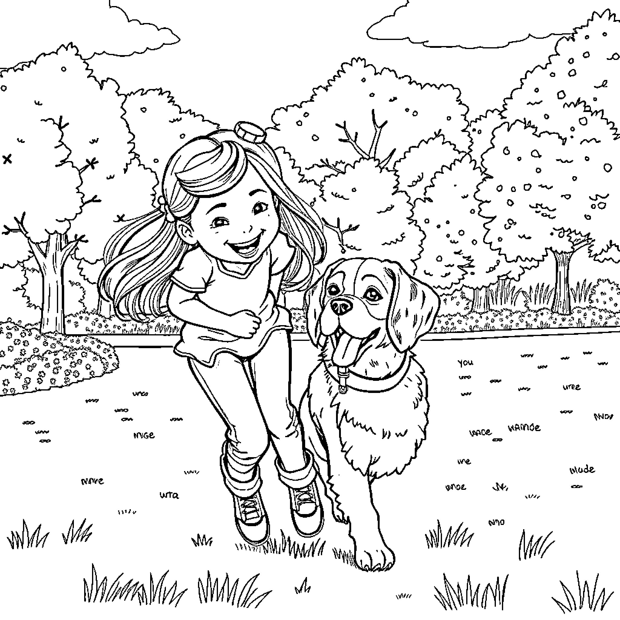 Girl playing with her dog in the park Coloring Page (free black-and-white line drawing printable PDF for all, from beginners to advanced learners, including children, teens, adults, and seniors)