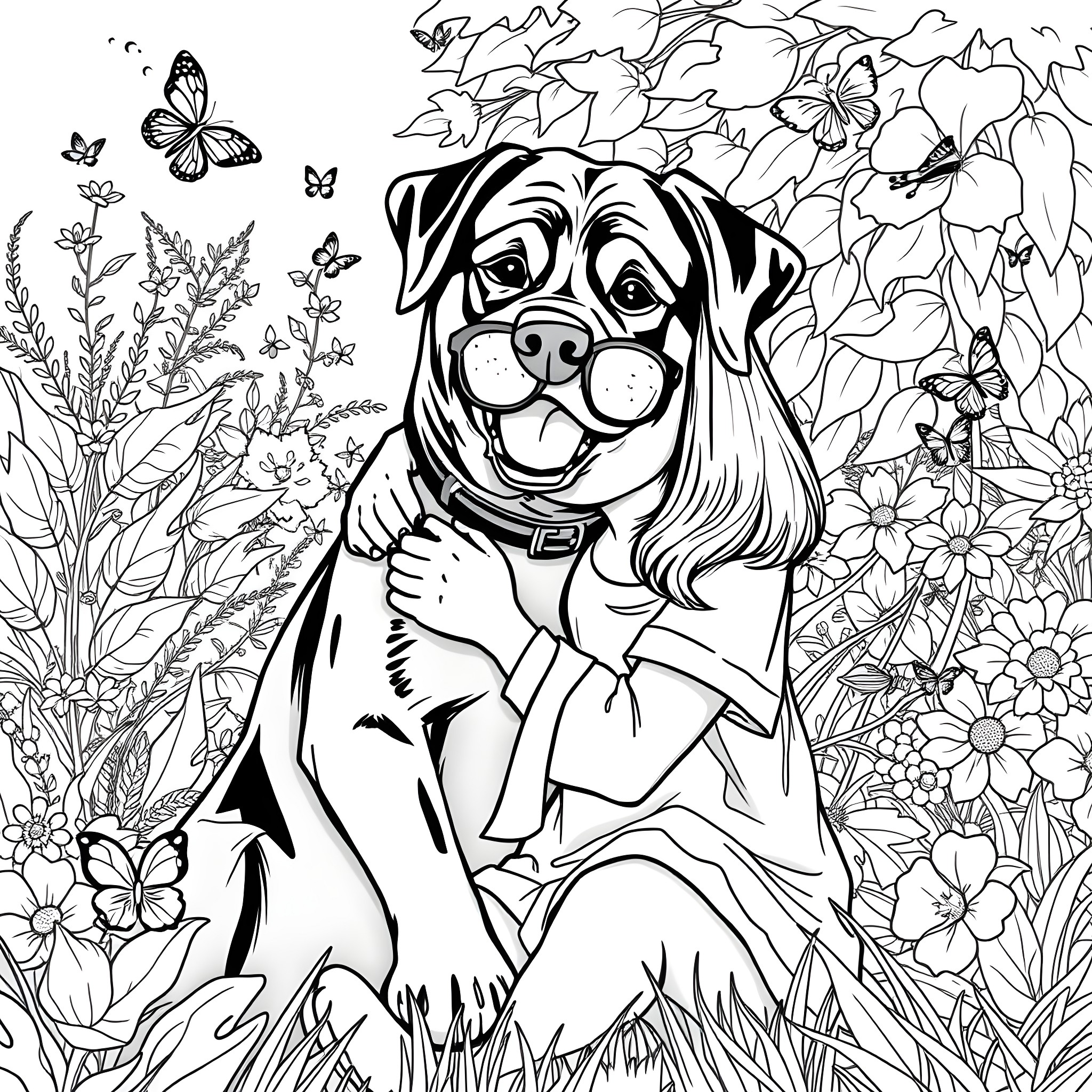 Rottweiler dog enjoying a floral garden Coloring Page (free black-and-white line drawing printable PDF for all, from beginners to advanced learners, including children, teens, adults, and seniors)