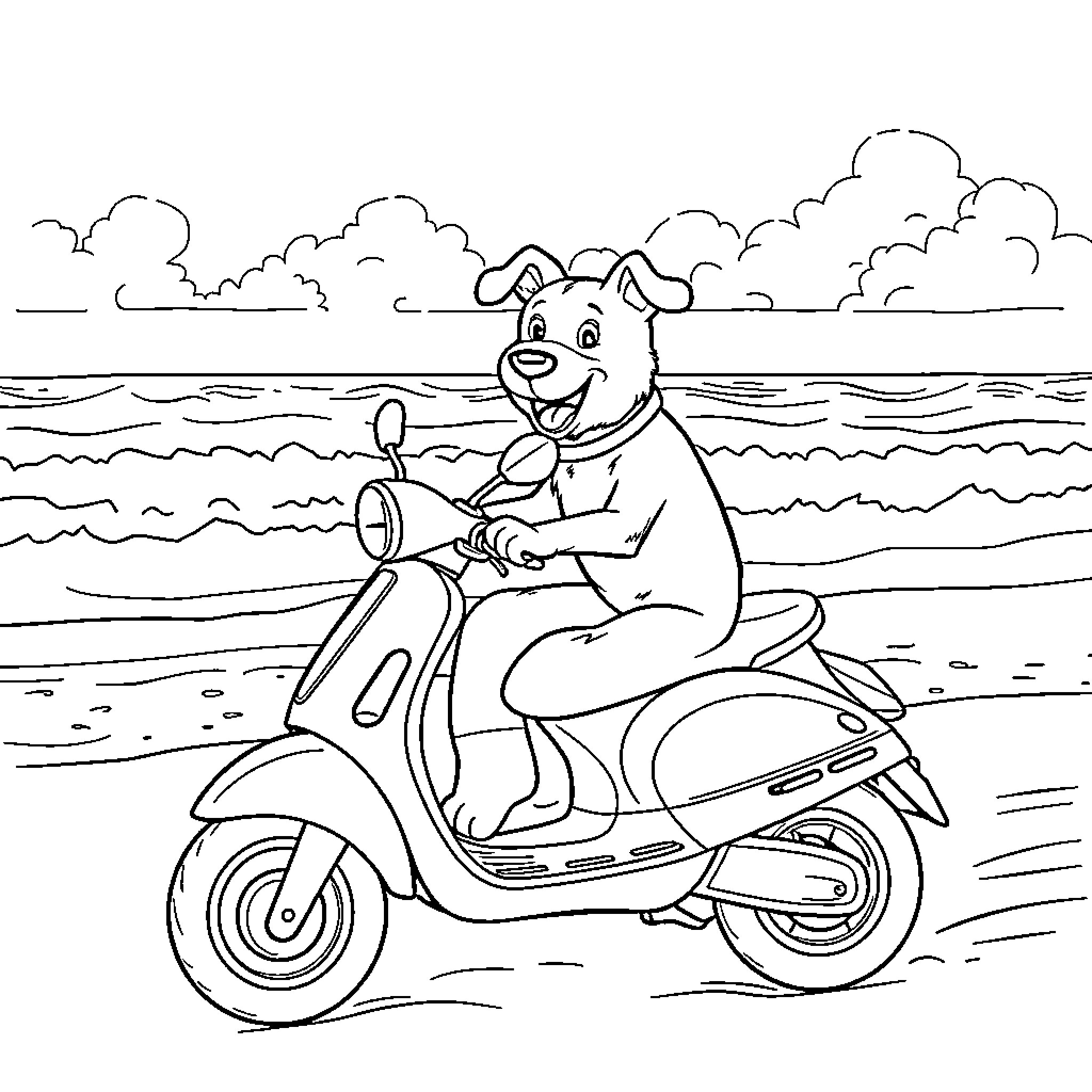 Dog riding scooter on beach Coloring Page (free black-and-white line drawing printable PDF for all, from beginners to advanced learners, including children, teens, adults, and seniors)