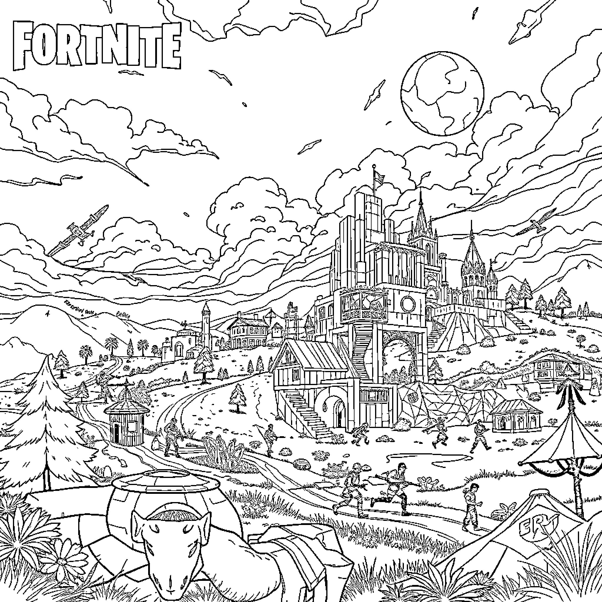 Fortnite Fantastical Landscape with Buildings and Characters Coloring Page (free black-and-white line drawing printable PDF for all, from beginners to advanced learners, including children, teens, adults, and seniors)