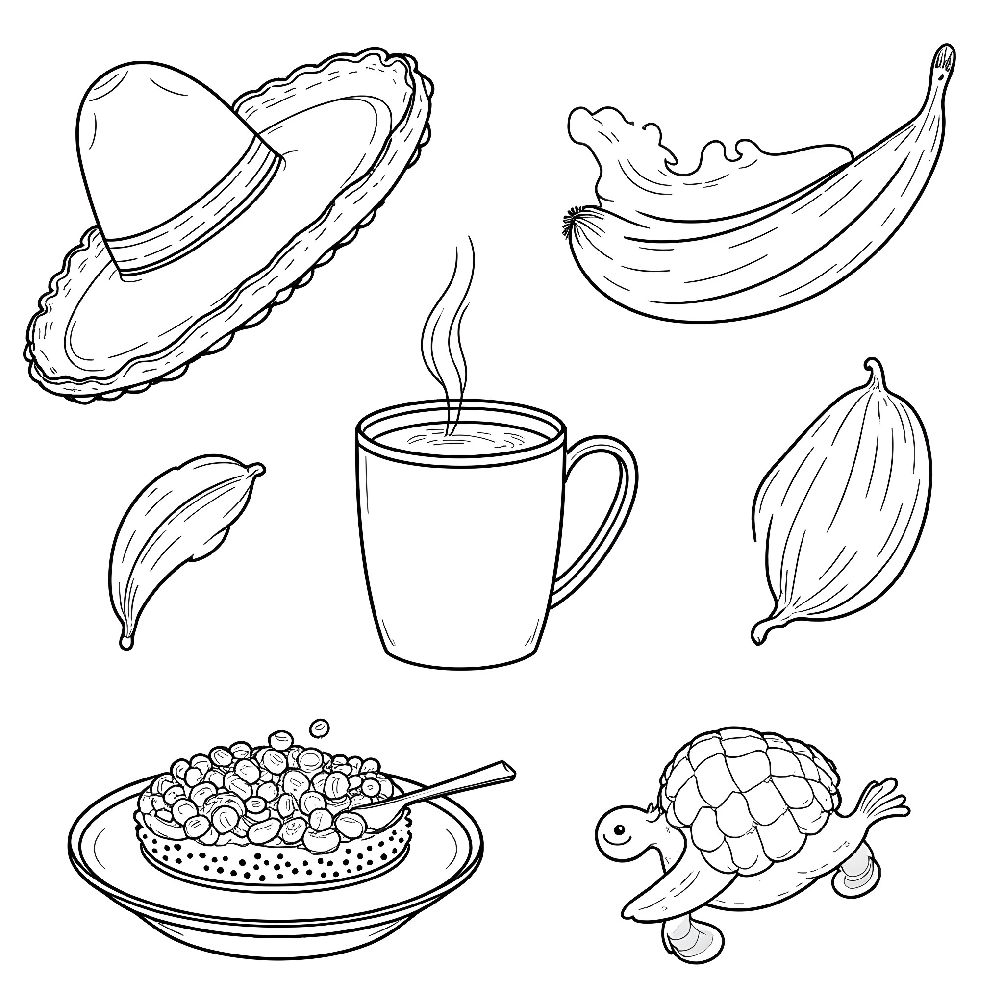Colombian Cultural Symbols and Cuisine Coloring Page (free black-and-white line drawing printable PDF for all, from beginners to advanced learners, including children, teens, adults, and seniors)