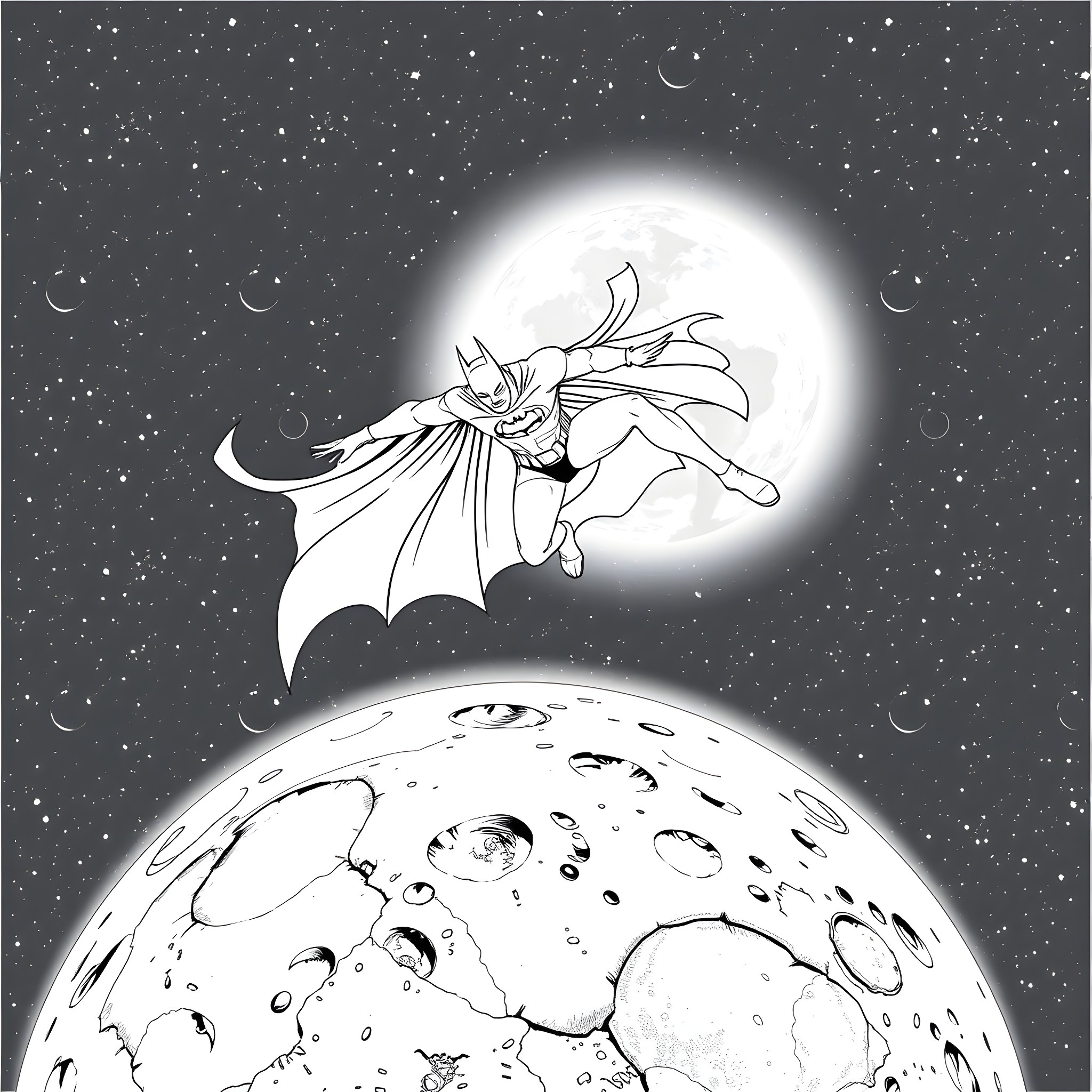 Batman Soaring Through the Starry Night Sky Coloring Page (free black-and-white line drawing printable PDF for all, from beginners to advanced learners, including children, teens, adults, and seniors)