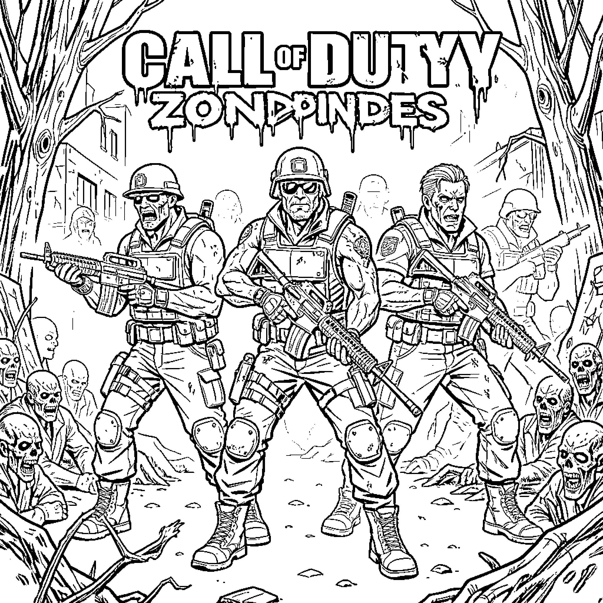 Zombie soldiers fighting through a group of undead Coloring Page (free black-and-white line drawing printable PDF for all, from beginners to advanced learners, including children, teens, adults, and seniors)