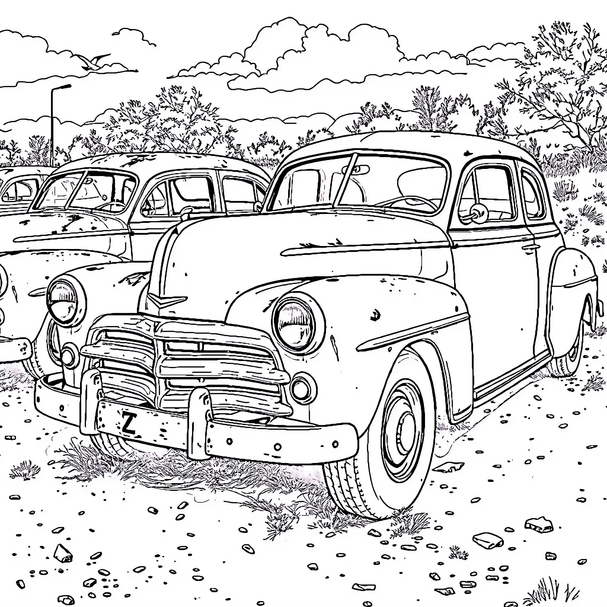 Car in the countryside scenery Coloring Page (free black-and-white line drawing printable PDF for all, from beginners to advanced learners, including children, teens, adults, and seniors)