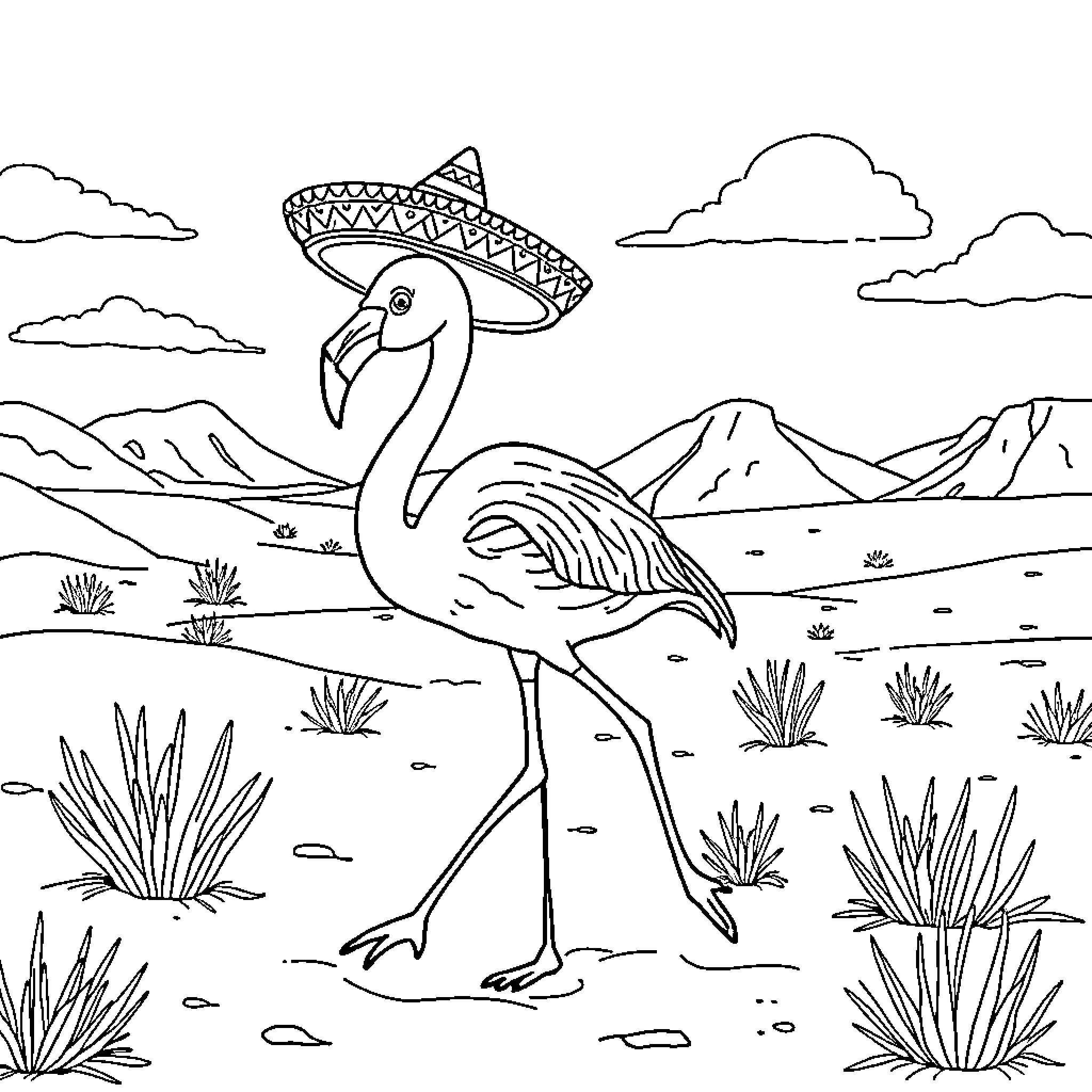 Flamingo in a Sombrero Exploring the Landscape Coloring Page (free black-and-white line drawing printable PDF for all, from beginners to advanced learners, including children, teens, adults, and seniors)