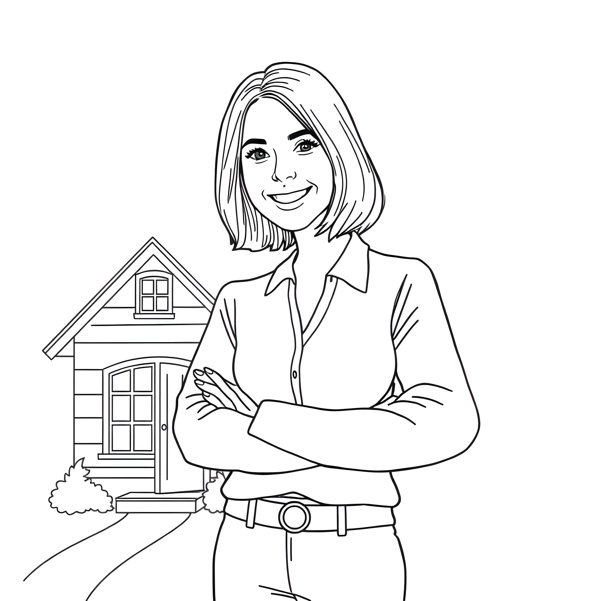 Mortgage Originator Standing Confidently by House Coloring Page (free black-and-white line drawing printable PDF for all, from beginners to advanced learners, including children, teens, adults, and seniors)