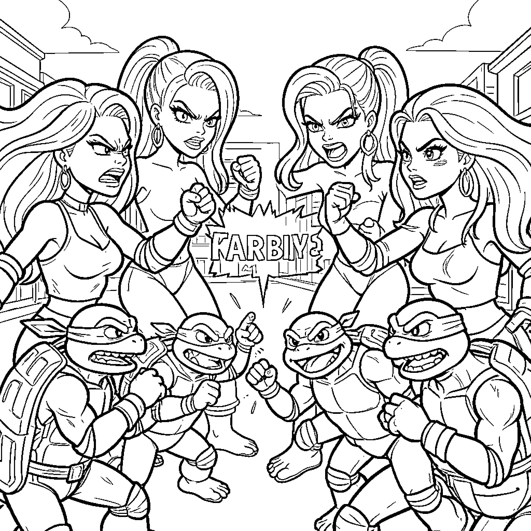 Barbie and friends in an action-packed scene Coloring Page (free black-and-white line drawing printable PDF for all, from beginners to advanced learners, including children, teens, adults, and seniors)