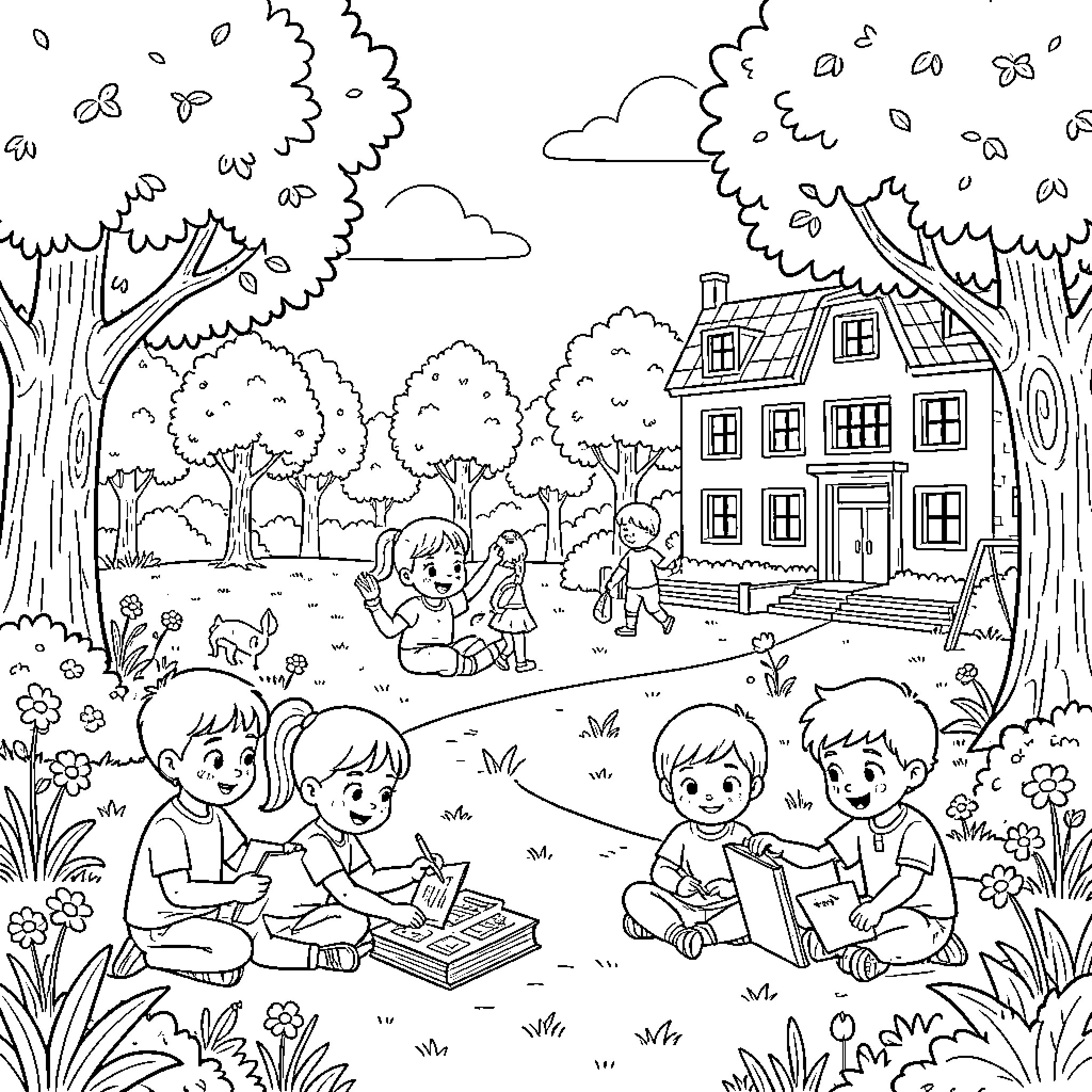 Nature scene with children playing and drawing outdoors Coloring Page (free black-and-white line drawing printable PDF for all, from beginners to advanced learners, including children, teens, adults, and seniors)