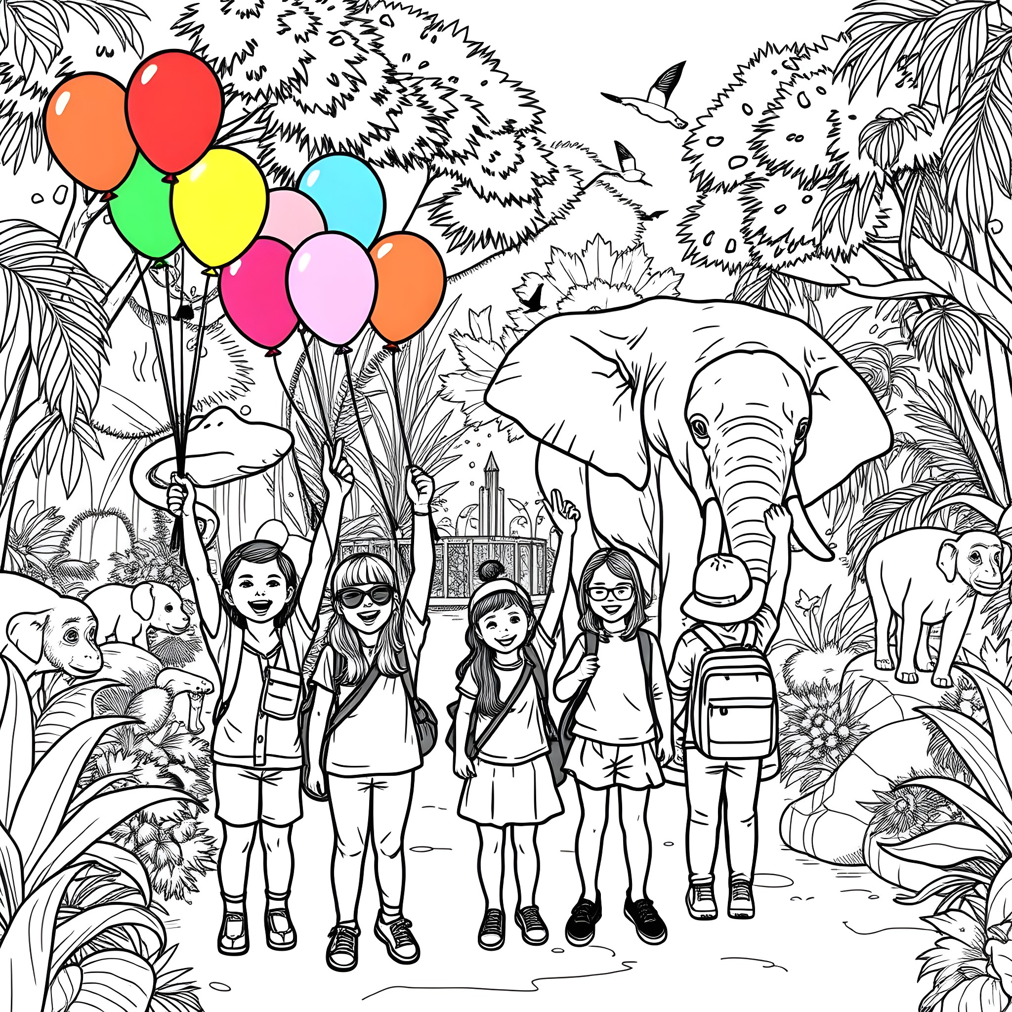 Zoo Visitor Girls Exploring the Lush Jungle Landscape Coloring Page (free black-and-white line drawing printable PDF for all, from beginners to advanced learners, including children, teens, adults, and seniors)