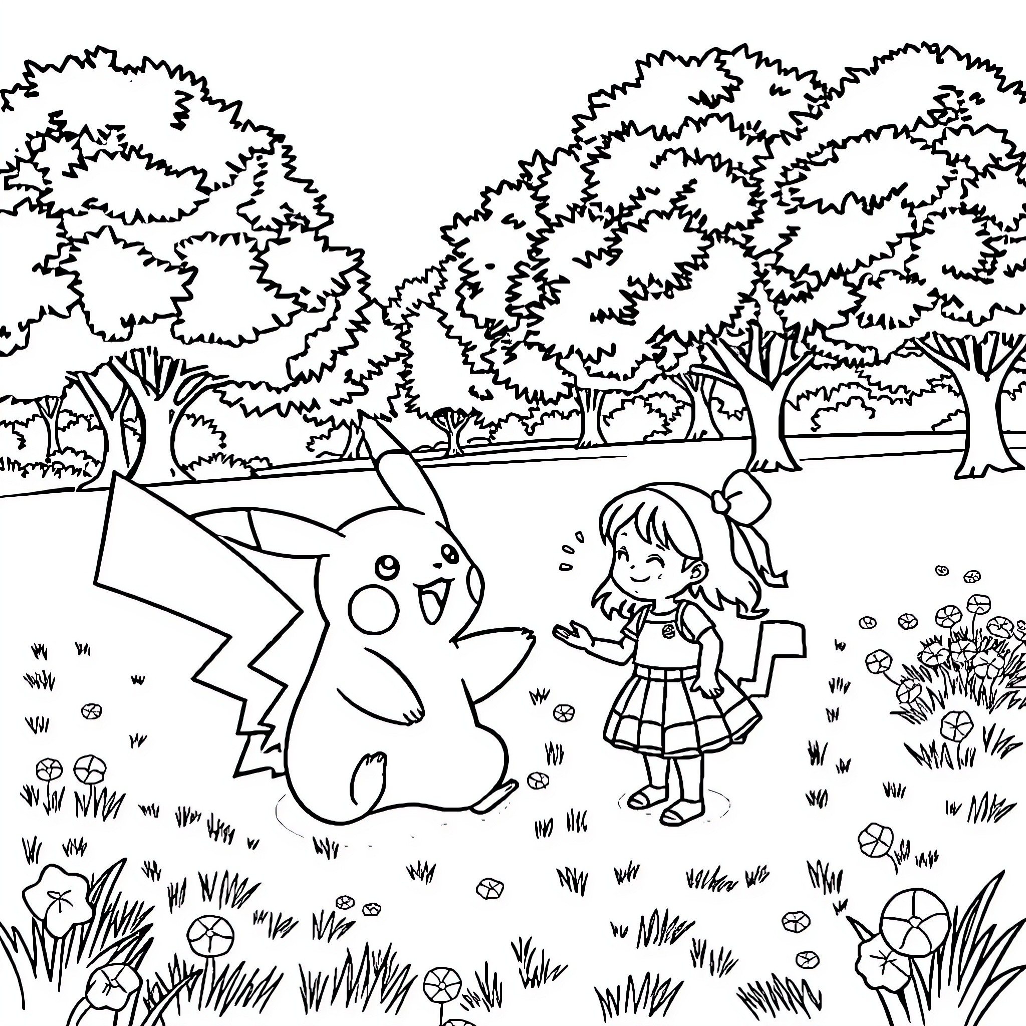 Pikachu playing with a young girl in the forest Coloring Page (free black-and-white line drawing printable PDF for all, from beginners to advanced learners, including children, teens, adults, and seniors)