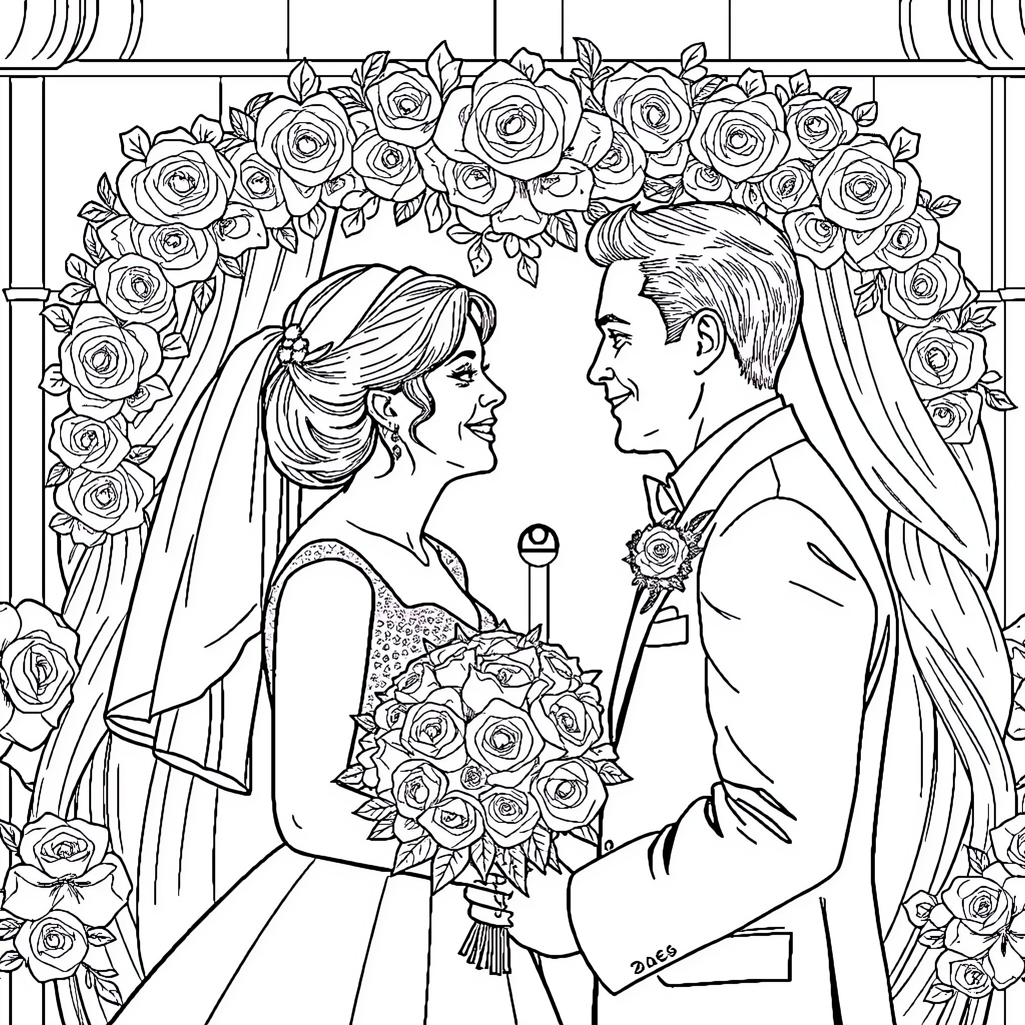 Bride and Groom's Romantic Wedding Portrait Coloring Page (free black-and-white line drawing printable PDF for all, from beginners to advanced learners, including children, teens, adults, and seniors)