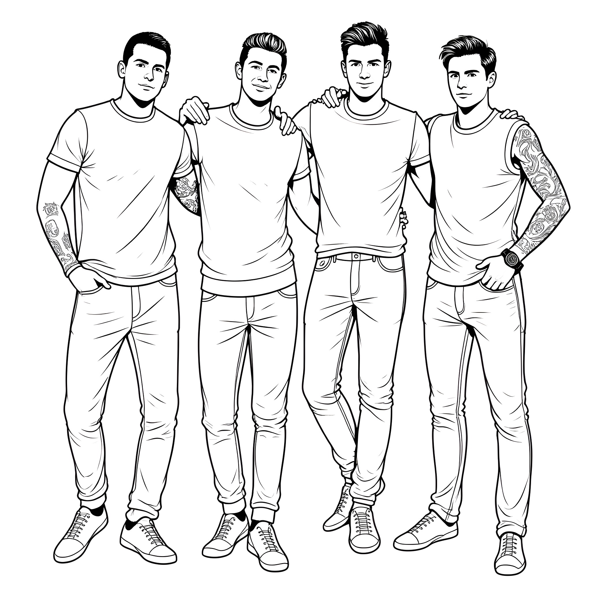 Backstreet Boys posing in casual outfits Coloring Page (free black-and-white line drawing printable PDF for all, from beginners to advanced learners, including children, teens, adults, and seniors)