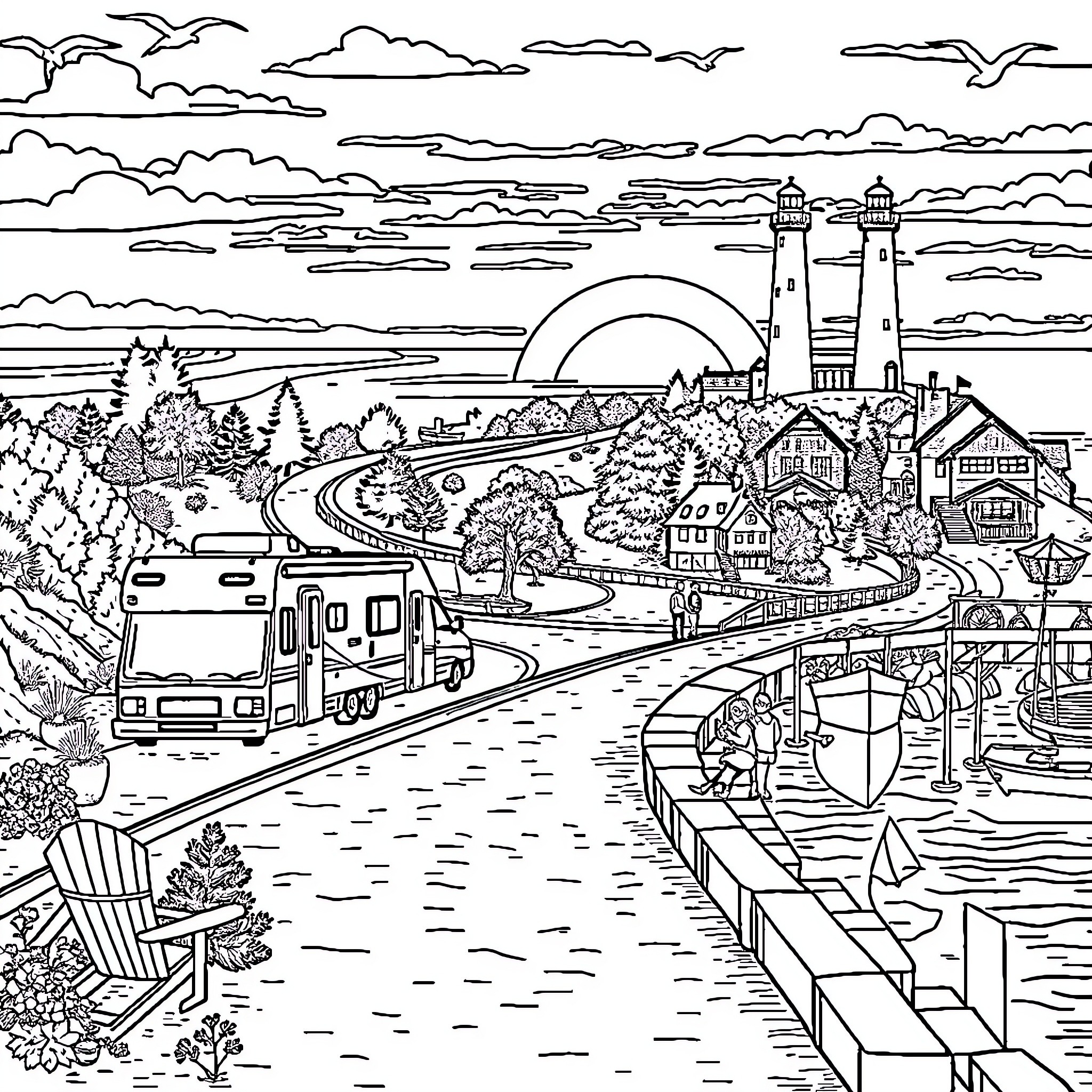 Road Trip to a Coastal Town with Lighthouses Coloring Page (free black-and-white line drawing printable PDF for all, from beginners to advanced learners, including children, teens, adults, and seniors)