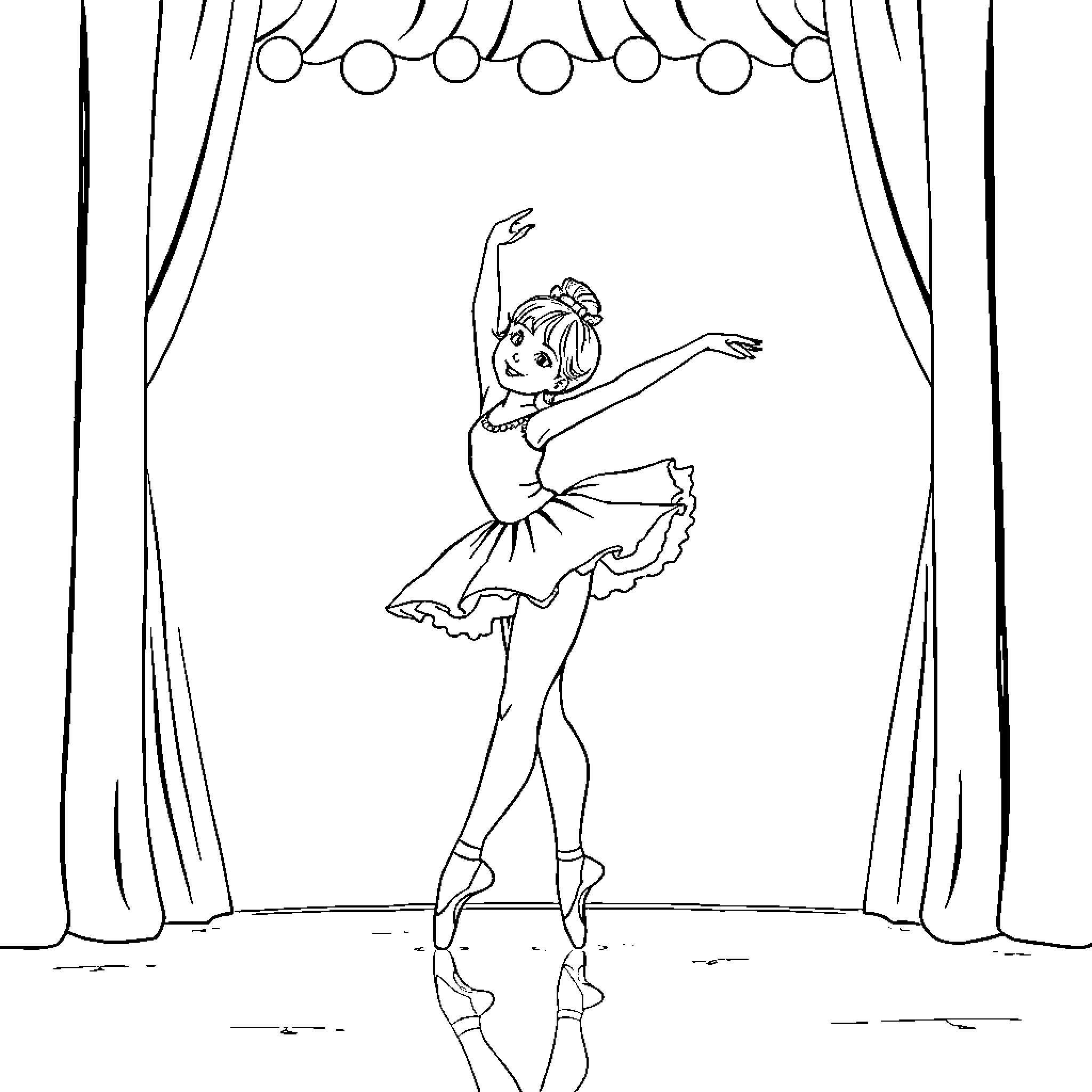Ballerina performing on stage with curtains Coloring Page (free black-and-white line drawing printable PDF for all, from beginners to advanced learners, including children, teens, adults, and seniors)