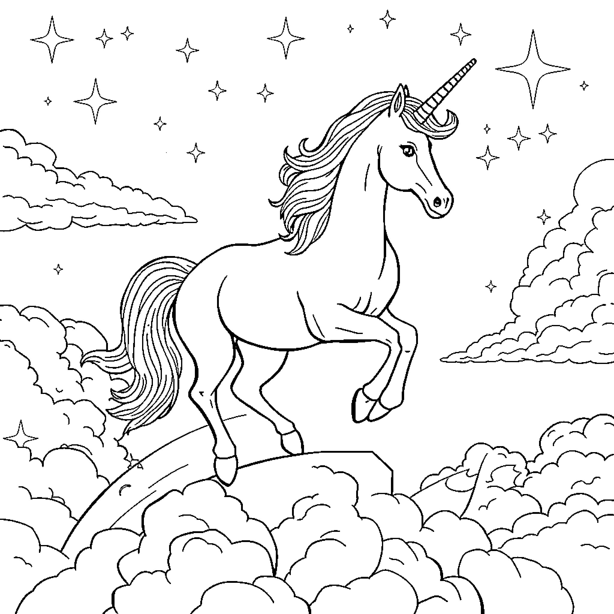 Unicorn Galloping Amidst Celestial Clouds and Stars Coloring Page (free black-and-white line drawing printable PDF for all, from beginners to advanced learners, including children, teens, adults, and seniors)