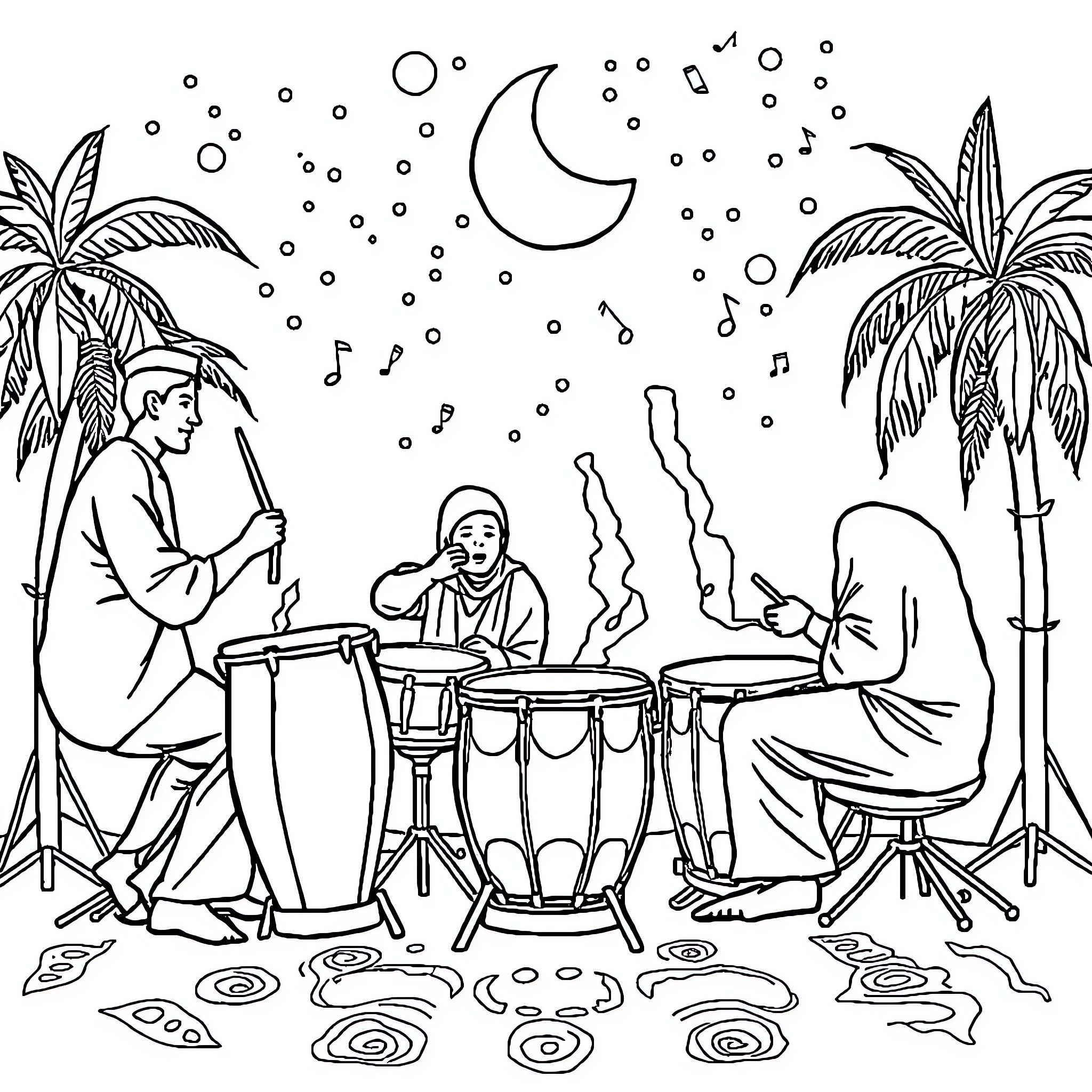 Tung Tung Tropical Drum Circle Under Moonlit Palms Coloring Page (free black-and-white line drawing printable PDF for all, from beginners to advanced learners, including children, teens, adults, and seniors)