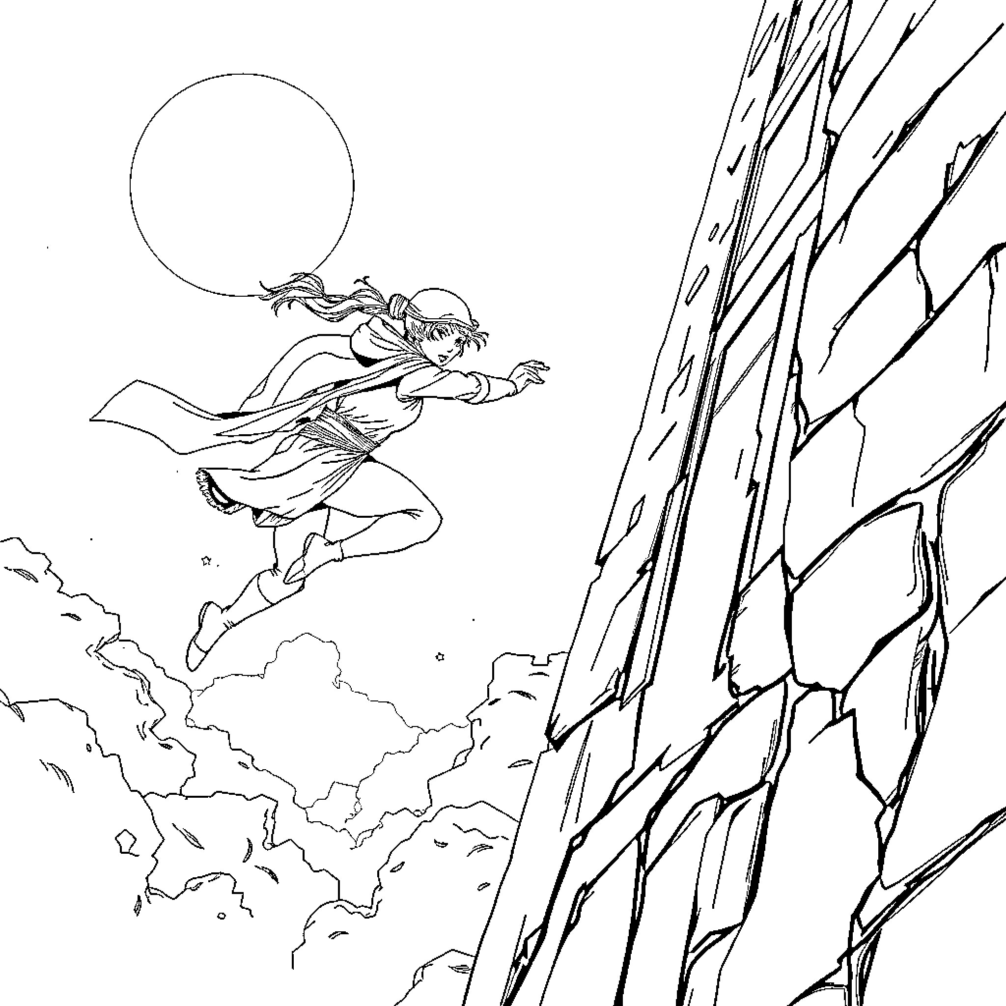 Ninja warrior leaping through the air Coloring Page (free black-and-white line drawing printable PDF for all, from beginners to advanced learners, including children, teens, adults, and seniors)