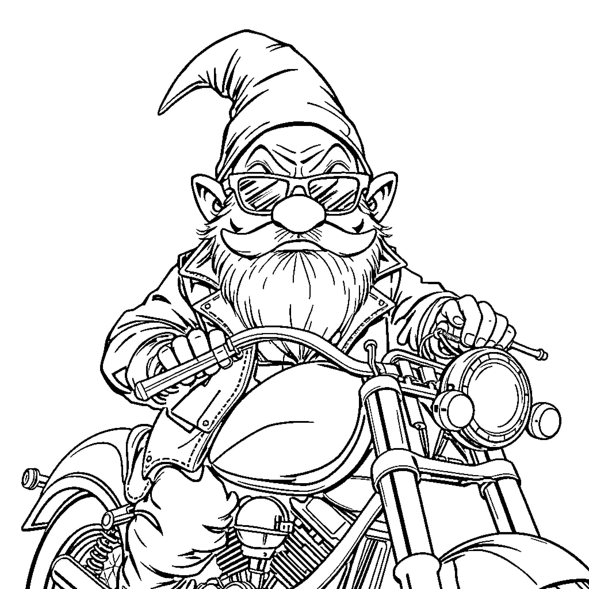 Dwarf biker with motorcycle gear and tools Coloring Page (free black-and-white line drawing printable PDF for all, from beginners to advanced learners, including children, teens, adults, and seniors)