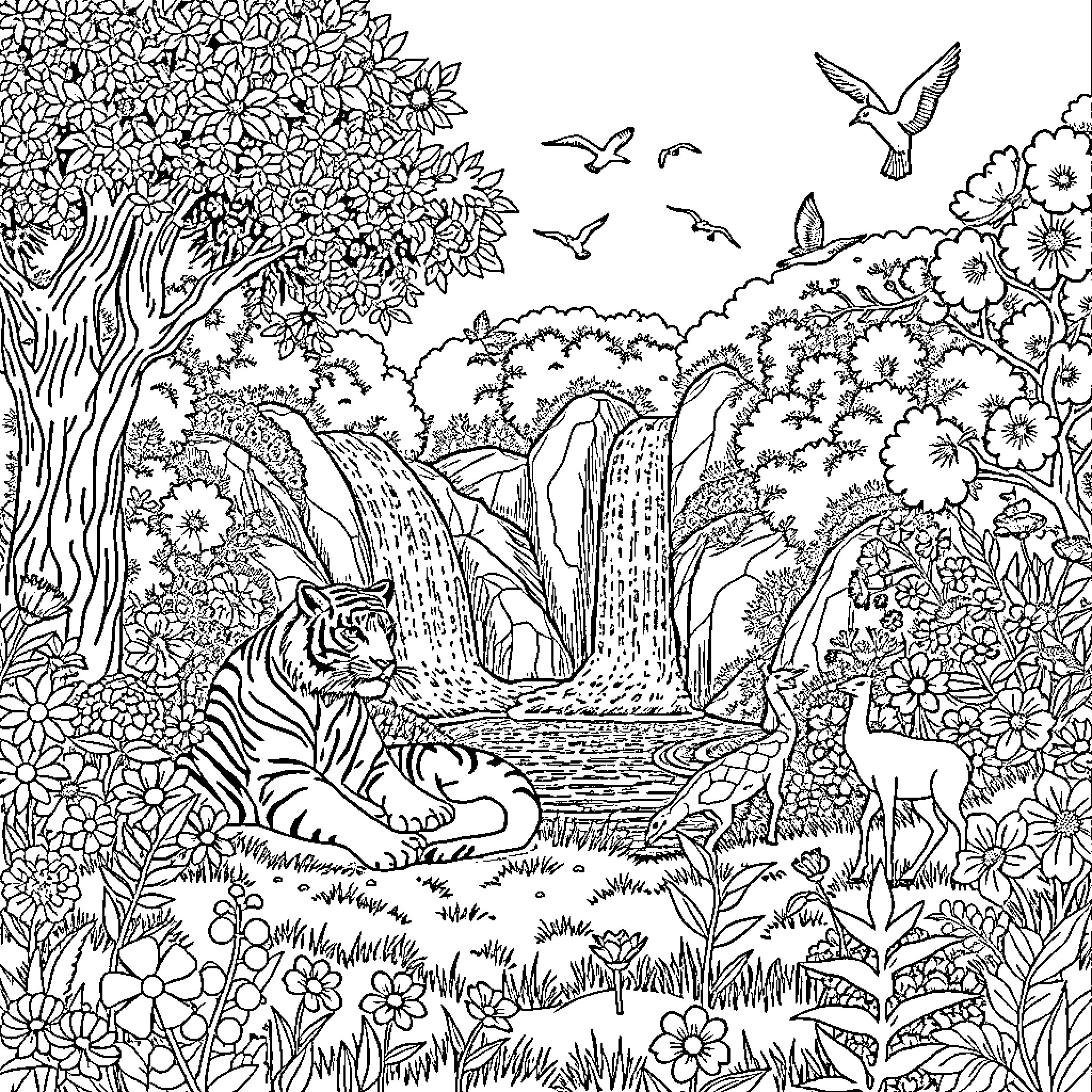 Tiger enjoying serene jungle landscape with waterfall Coloring Page (free black-and-white line drawing printable PDF for all, from beginners to advanced learners, including children, teens, adults, and seniors)