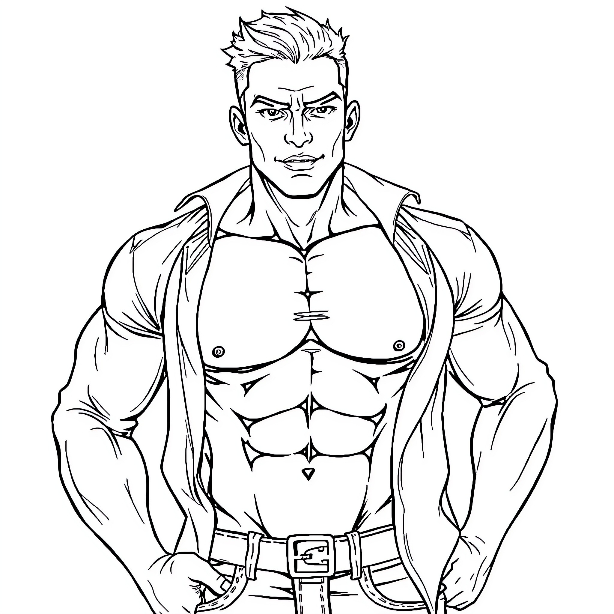 Man showcasing muscular physique and stern expression Coloring Page (free black-and-white line drawing printable PDF for all, from beginners to advanced learners, including children, teens, adults, and seniors)