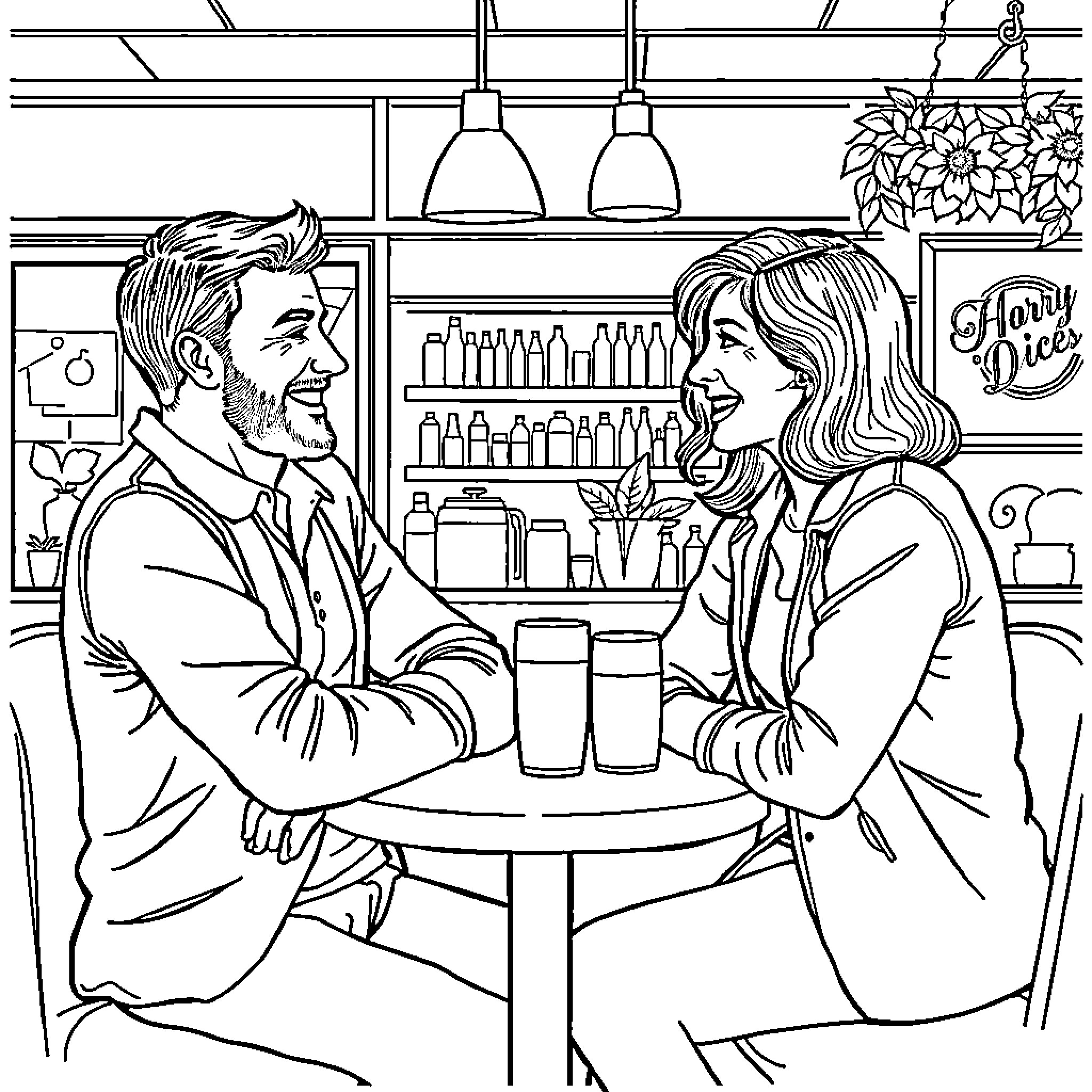 Adult couple enjoying coffee in cafe Coloring Page (free black-and-white line drawing printable PDF for all, from beginners to advanced learners, including children, teens, adults, and seniors)