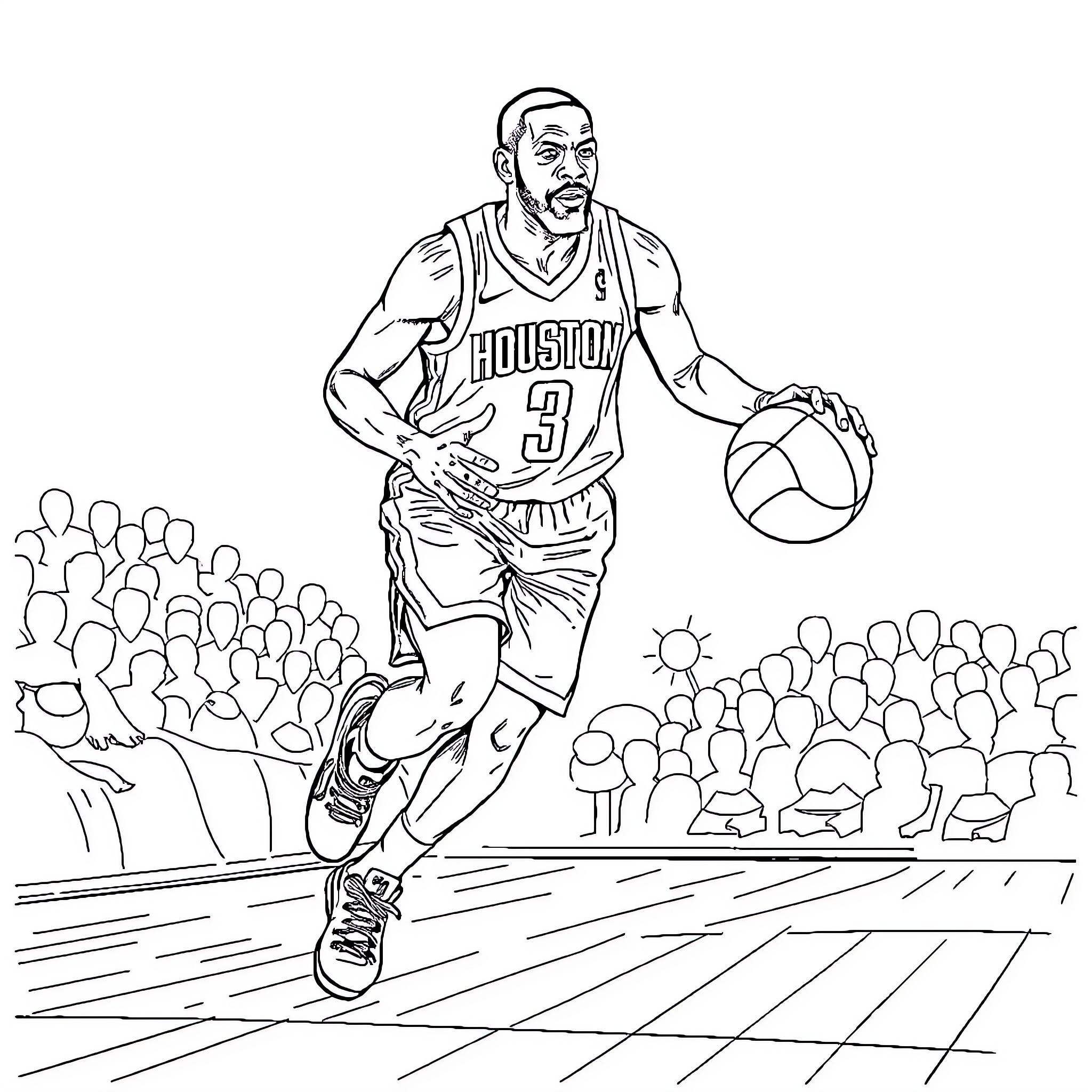 Kevin Durant playing basketball in arena Coloring Page (free black-and-white line drawing printable PDF for all, from beginners to advanced learners, including children, teens, adults, and seniors)
