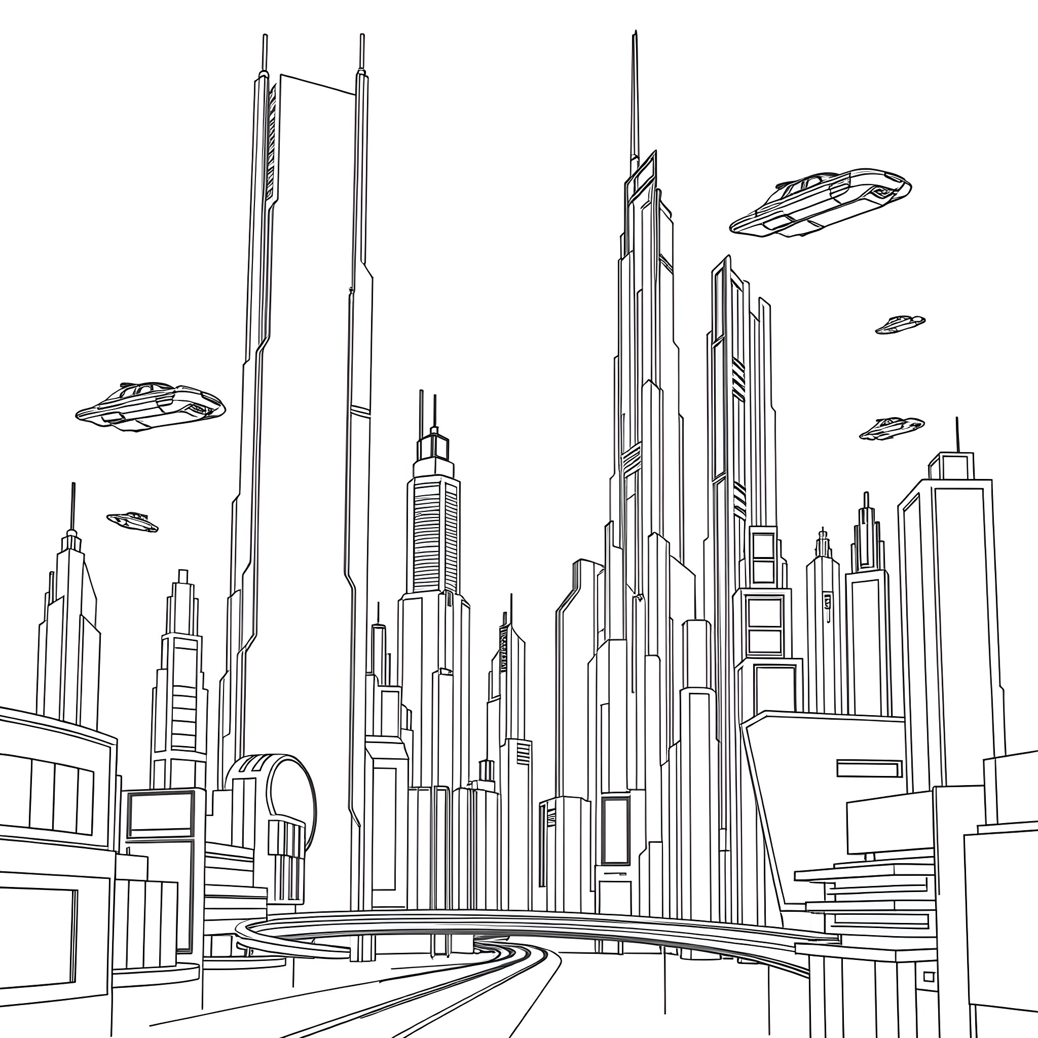 Futuristic Scene of Towering Skyscrapers and UFOs Coloring Page (free black-and-white line drawing printable PDF for all, from beginners to advanced learners, including children, teens, adults, and seniors)