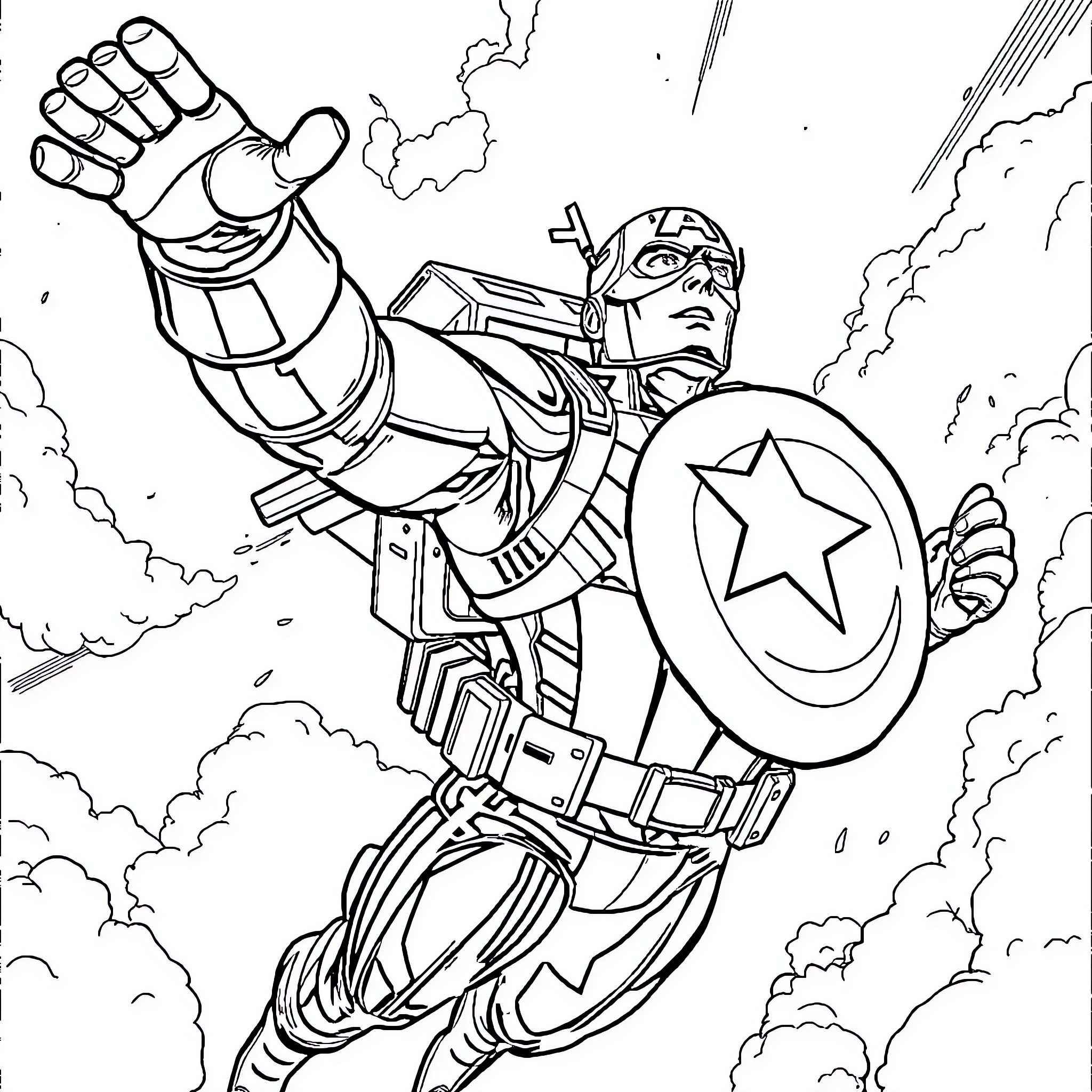 Captain America Heroically Flying in Action Coloring Page (free black-and-white line drawing printable PDF for all, from beginners to advanced learners, including children, teens, adults, and seniors)
