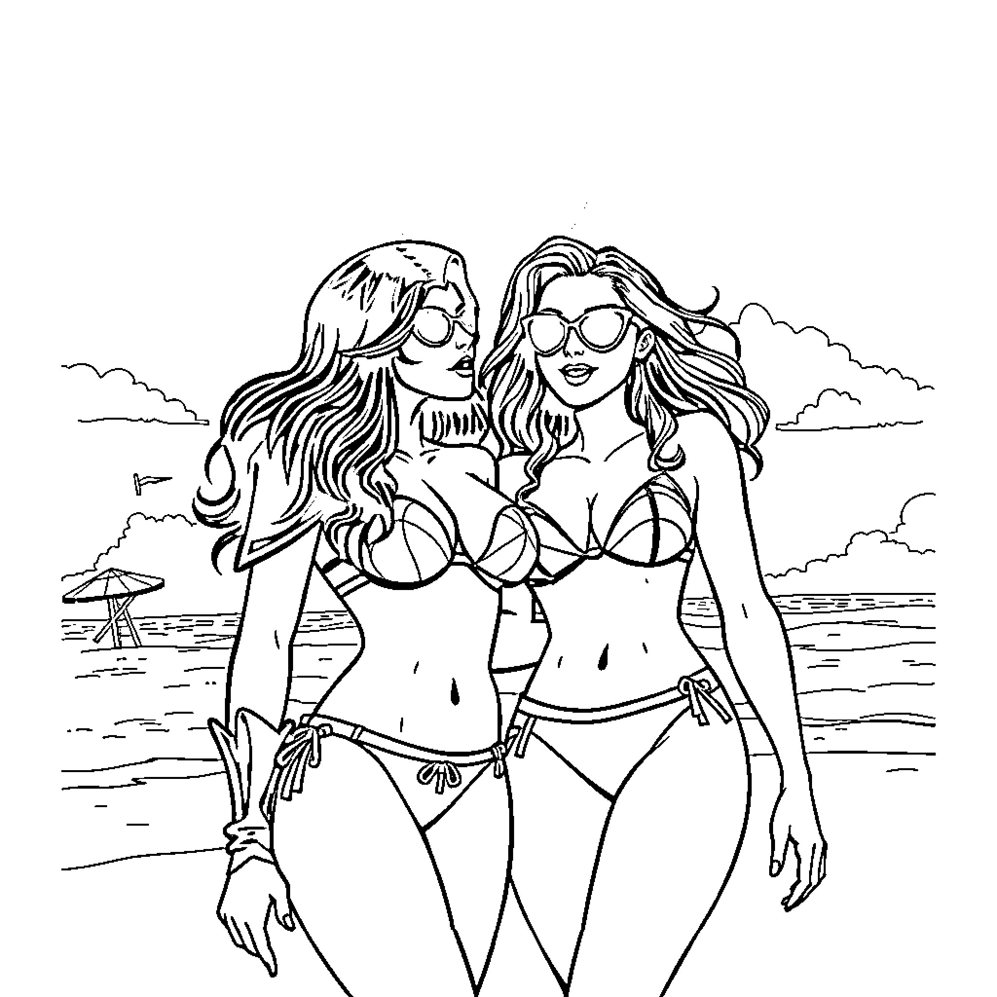 Raven friends enjoying the beach together Coloring Page (free black-and-white line drawing printable PDF for all, from beginners to advanced learners, including children, teens, adults, and seniors)