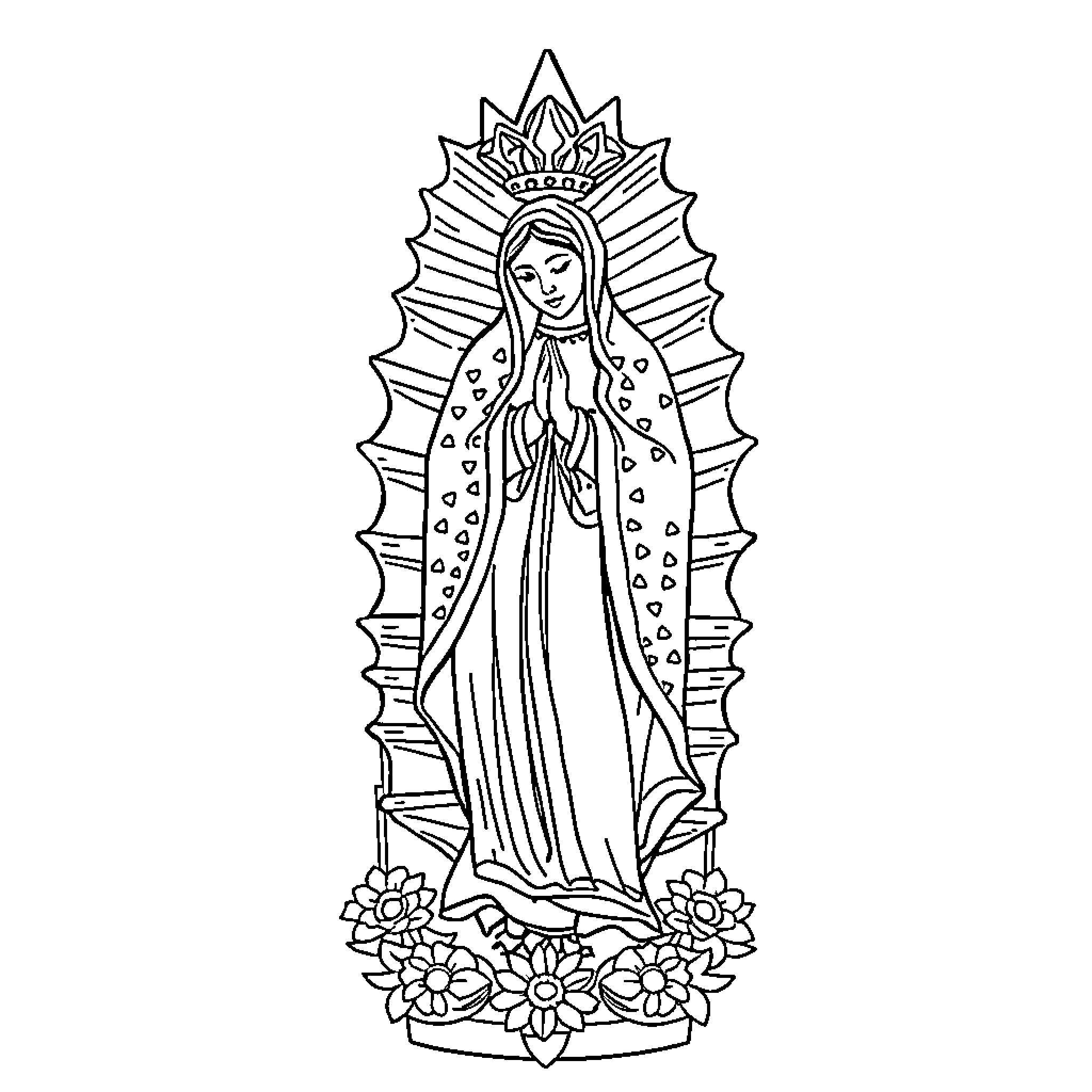 Virgen de Guadalupe in prayerful pose with floral ornaments Coloring Page (free black-and-white line drawing printable PDF for all, from beginners to advanced learners, including children, teens, adults, and seniors)