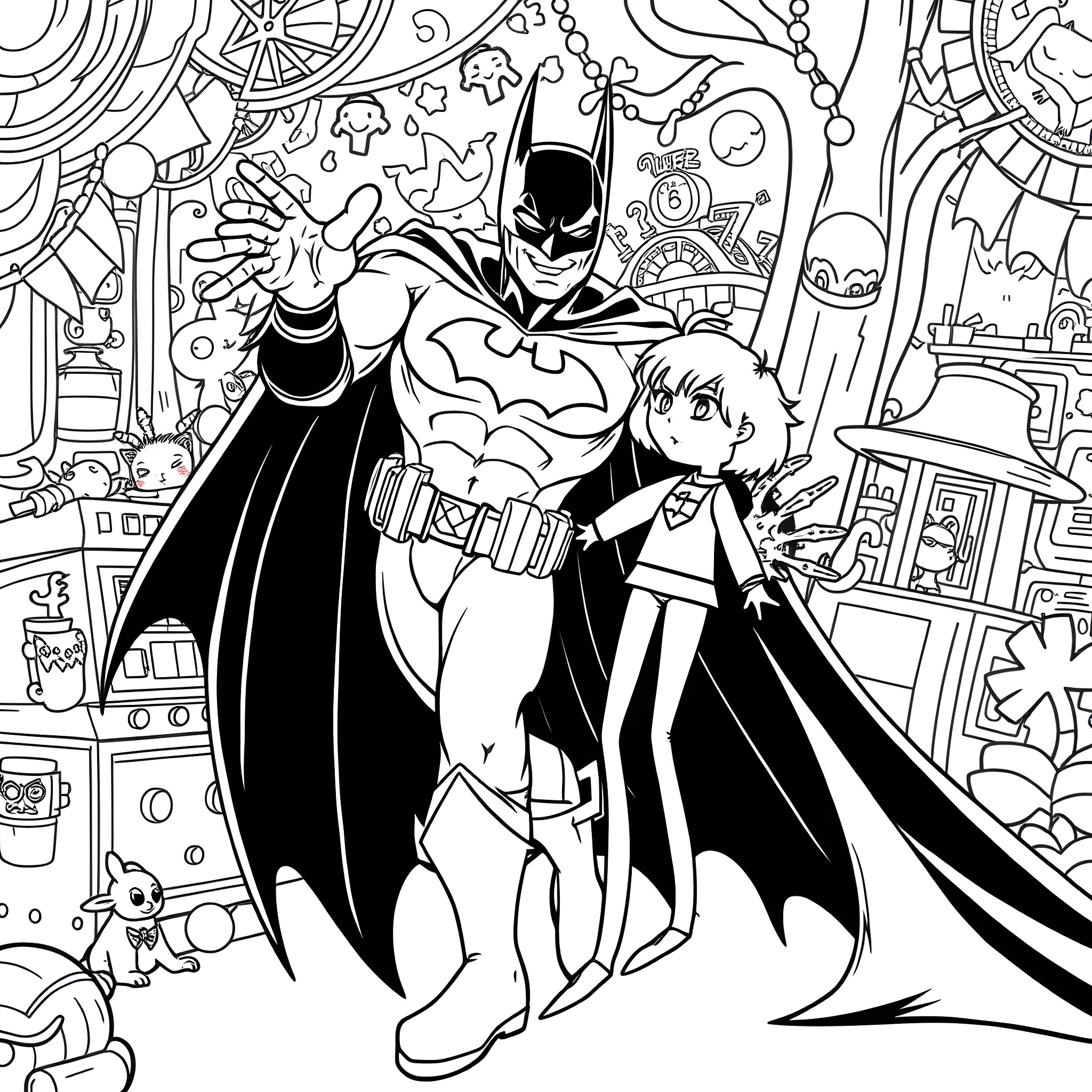 Batman and Robin: Dynamic Duo in Action Coloring Page (free black-and-white line drawing printable PDF for all, from beginners to advanced learners, including children, teens, adults, and seniors)