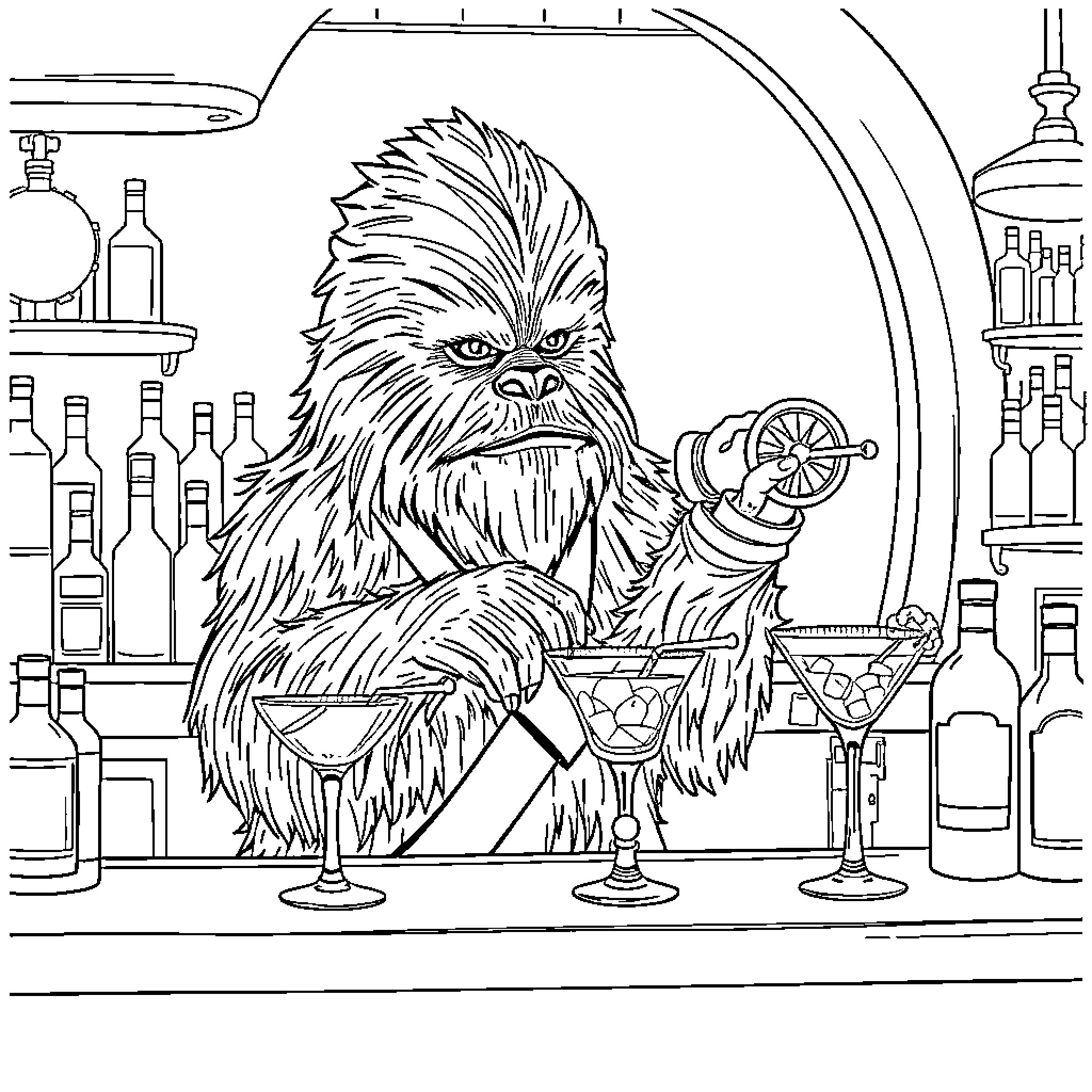 Chewbacca relaxing at a bar with drinks Coloring Page (free black-and-white line drawing printable PDF for all, from beginners to advanced learners, including children, teens, adults, and seniors)