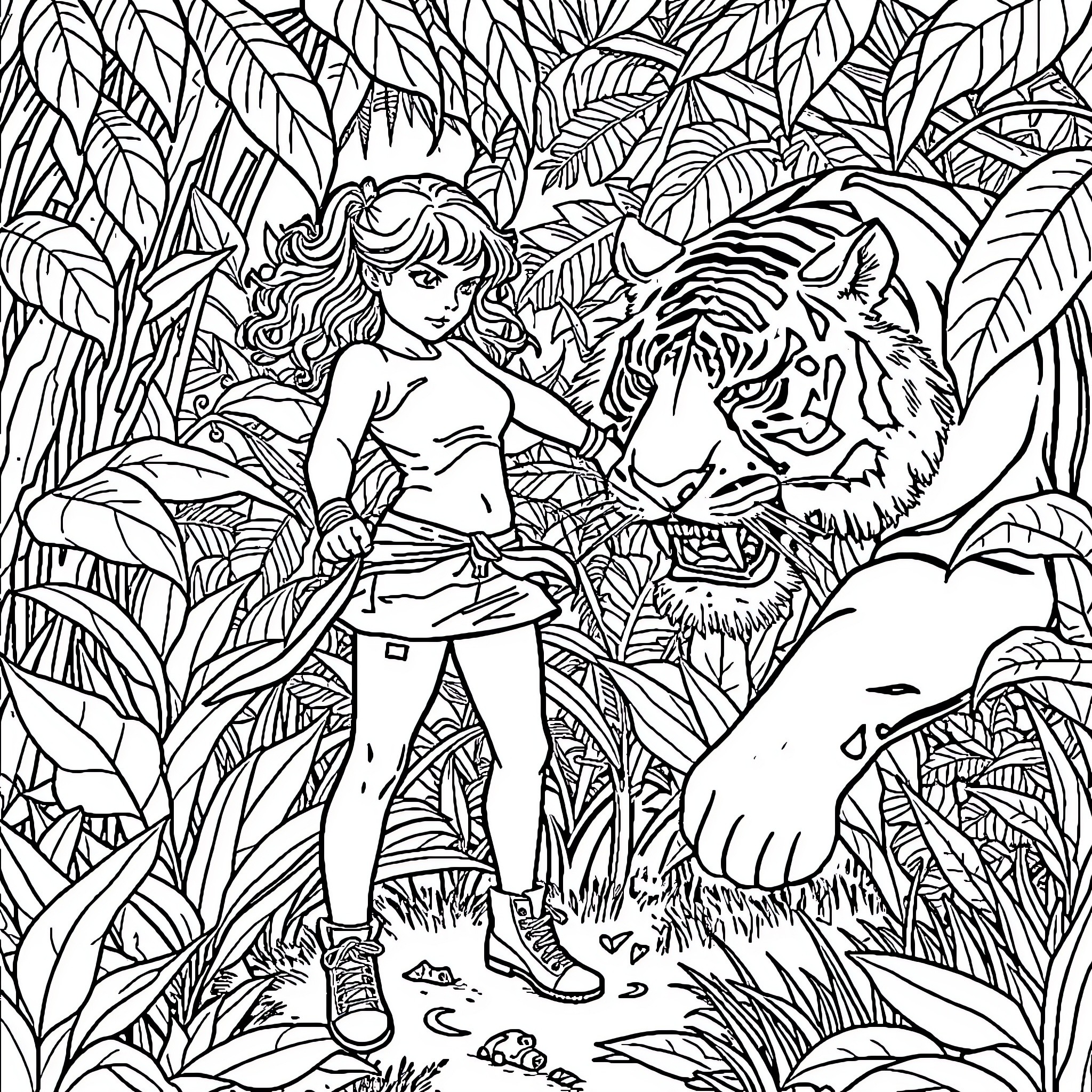 Girl exploring the lush jungle with a tiger Coloring Page (free black-and-white line drawing printable PDF for all, from beginners to advanced learners, including children, teens, adults, and seniors)