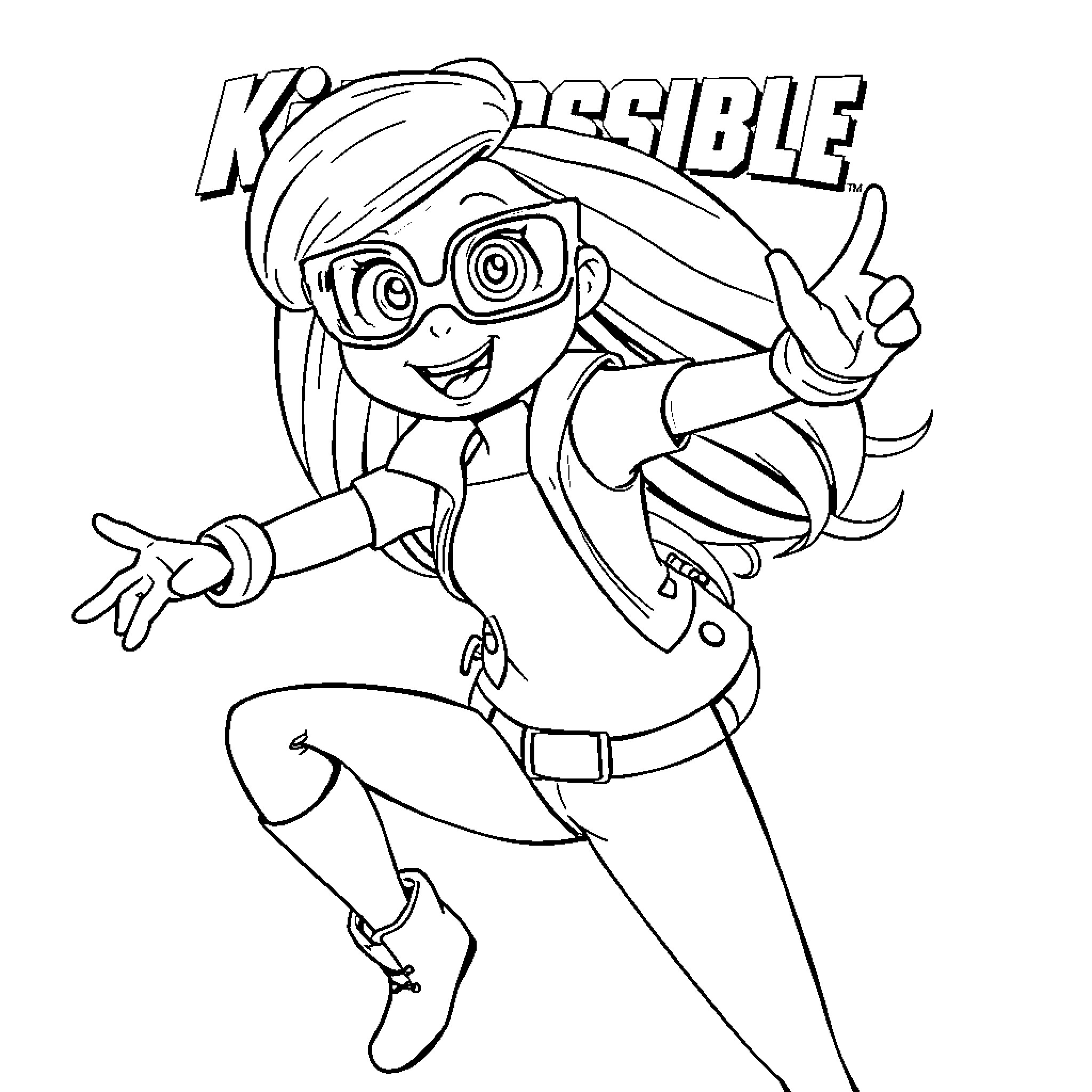 Kim Possible performing heroic actions Coloring Page (free black-and-white line drawing printable PDF for all, from beginners to advanced learners, including children, teens, adults, and seniors)