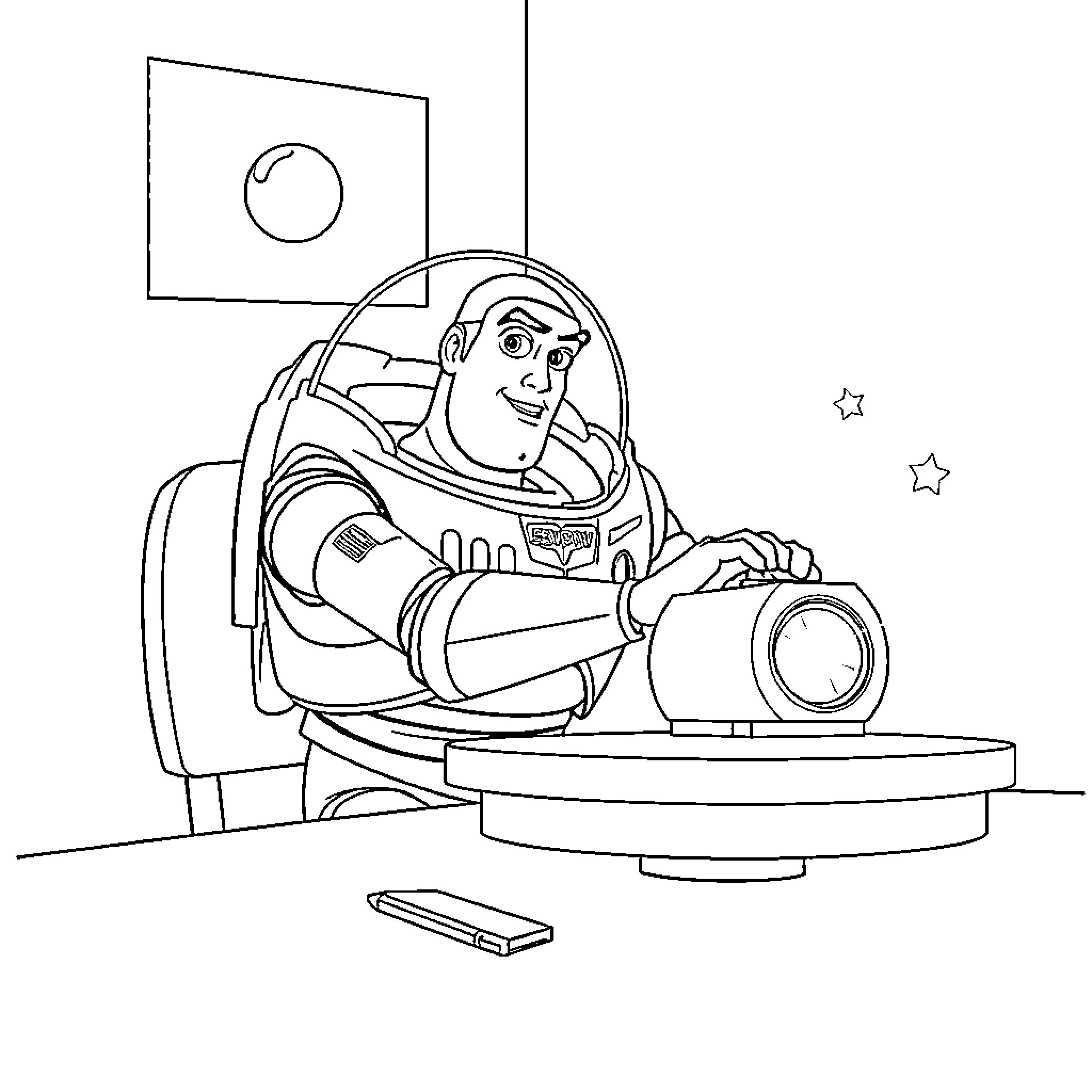 Buzz Lightyear exploring space equipment Coloring Page (free black-and-white line drawing printable PDF for all, from beginners to advanced learners, including children, teens, adults, and seniors)