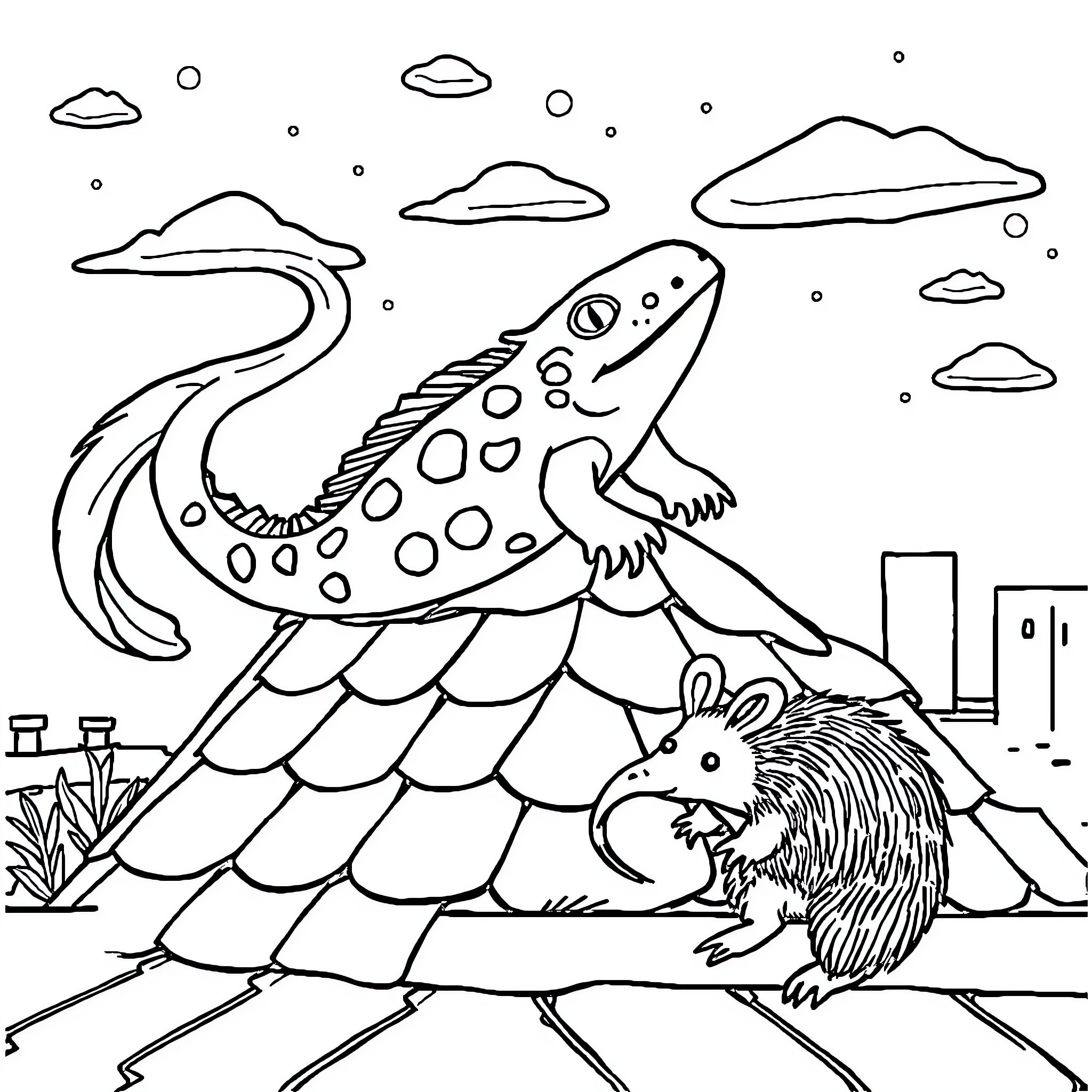 Axolotl and Porcupine in Fantastical Landscape Coloring Page (free black-and-white line drawing printable PDF for all, from beginners to advanced learners, including children, teens, adults, and seniors)