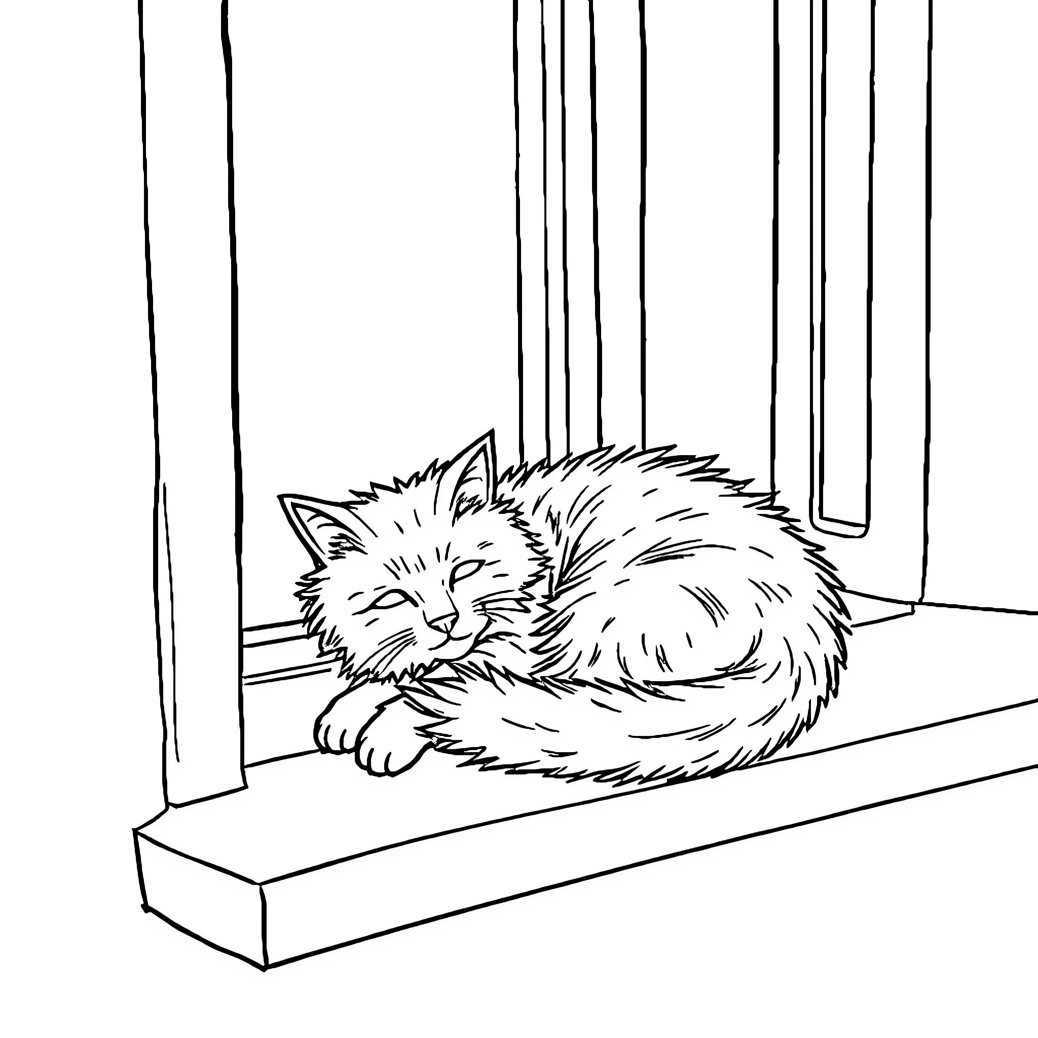 Cat sleeping peacefully on window sill Coloring Page (free black-and-white line drawing printable PDF for all, from beginners to advanced learners, including children, teens, adults, and seniors)