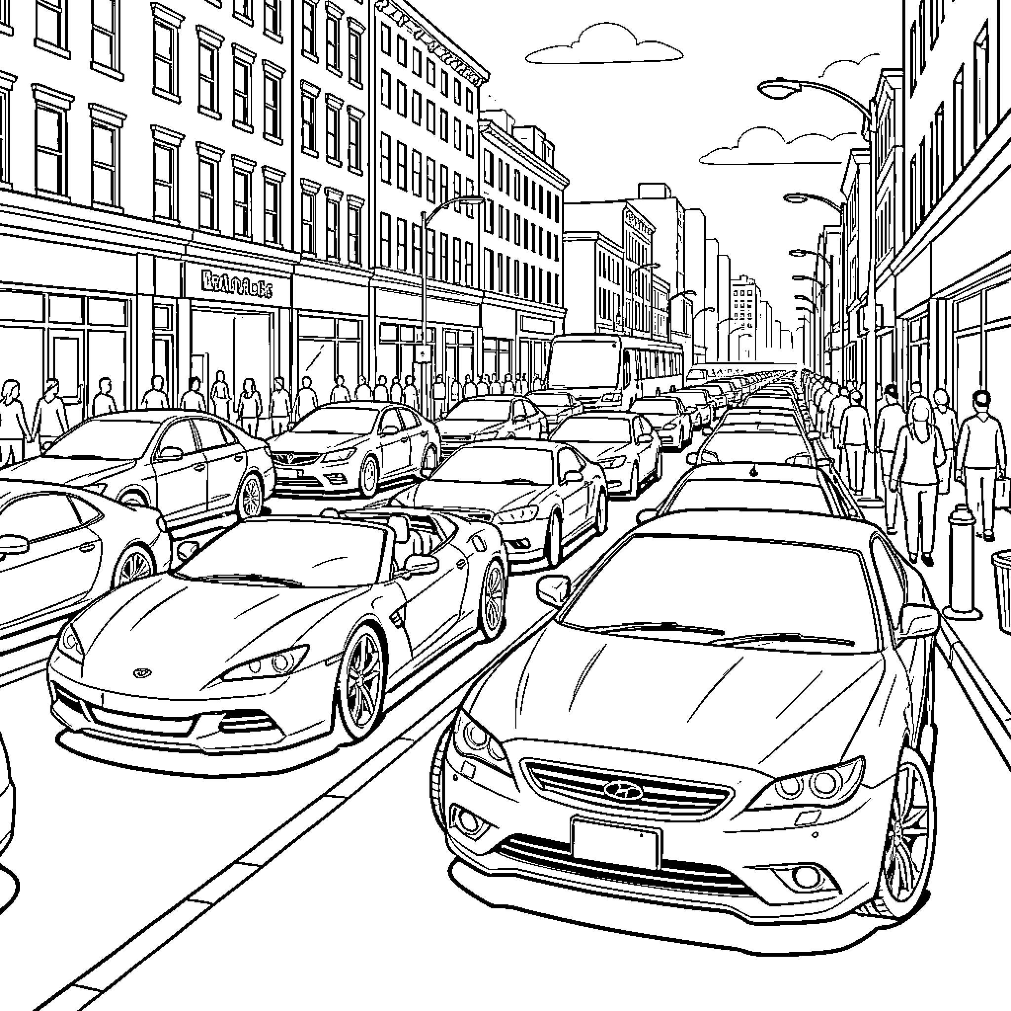 Cars on the Busy City Street Coloring Page (free black-and-white line drawing printable PDF for all, from beginners to advanced learners, including children, teens, adults, and seniors)