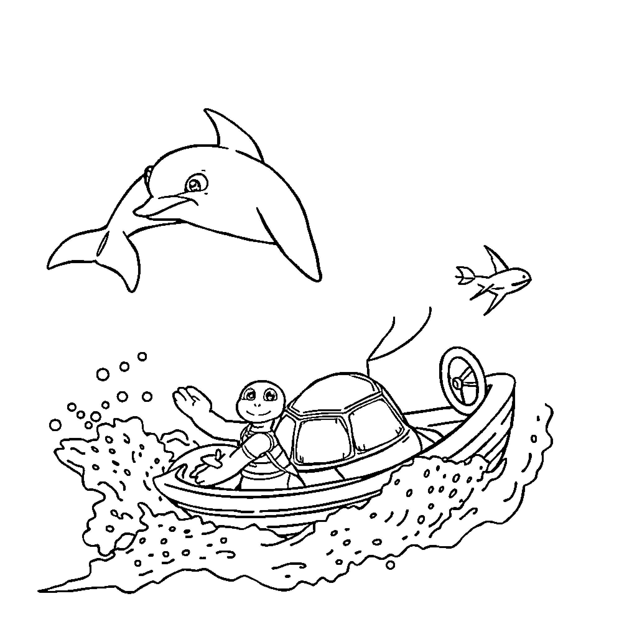 Dolphin and turtle friends enjoy boat ride Coloring Page (free black-and-white line drawing printable PDF for all, from beginners to advanced learners, including children, teens, adults, and seniors)