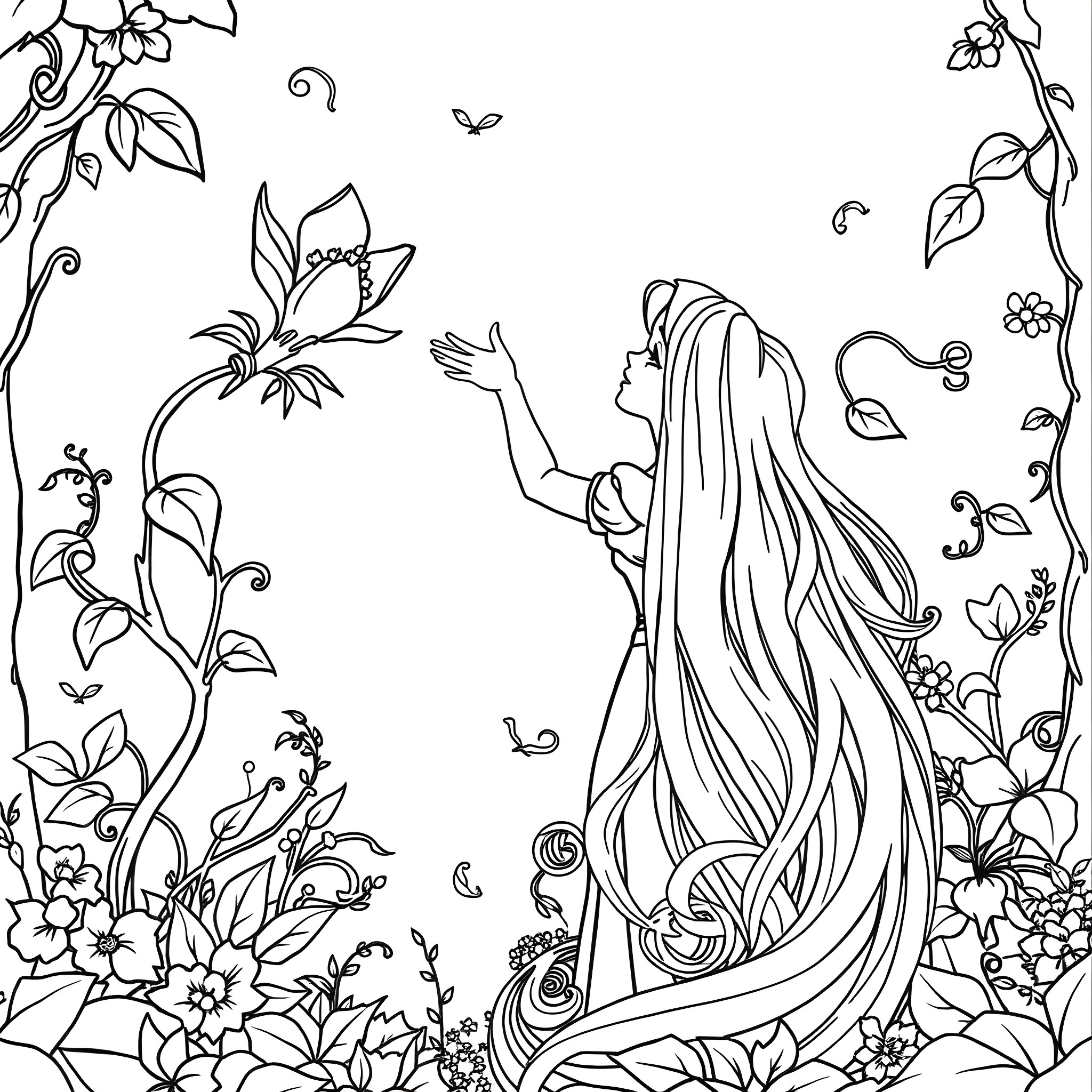 Rapunzel enjoying the beauty of nature Coloring Page (free black-and-white line drawing printable PDF for all, from beginners to advanced learners, including children, teens, adults, and seniors)