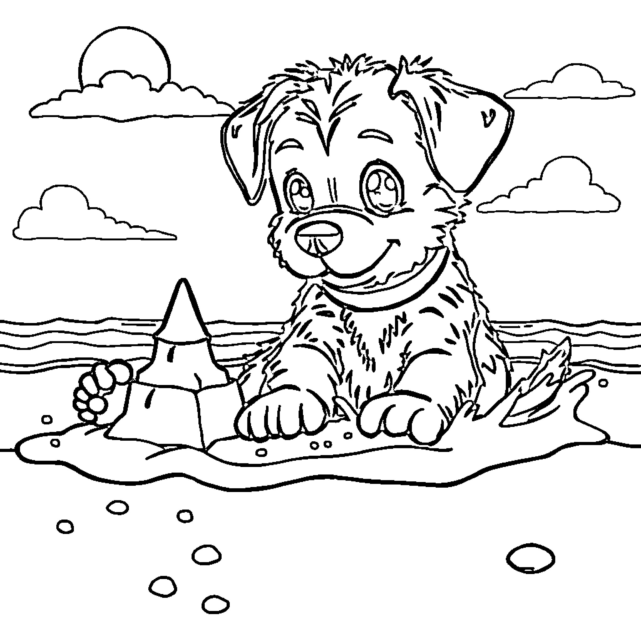 Huntrix puppy playing on the beach Coloring Page (free black-and-white line drawing printable PDF for all, from beginners to advanced learners, including children, teens, adults, and seniors)