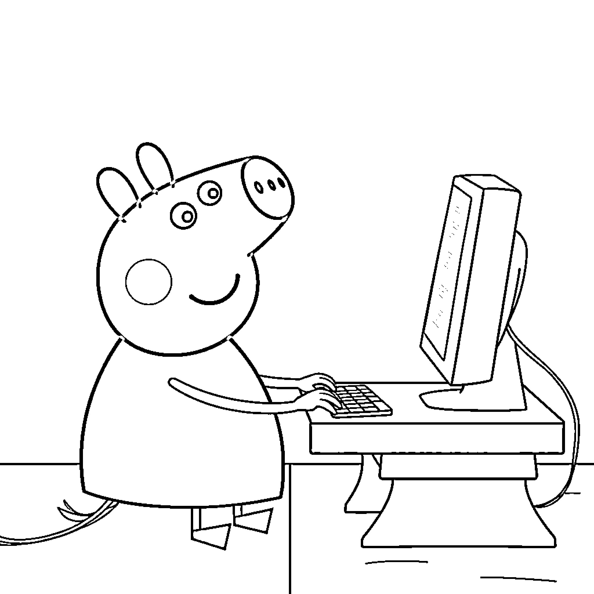 Peppa Pig using computer at desk Coloring Page (free black-and-white line drawing printable PDF for all, from beginners to advanced learners, including children, teens, adults, and seniors)