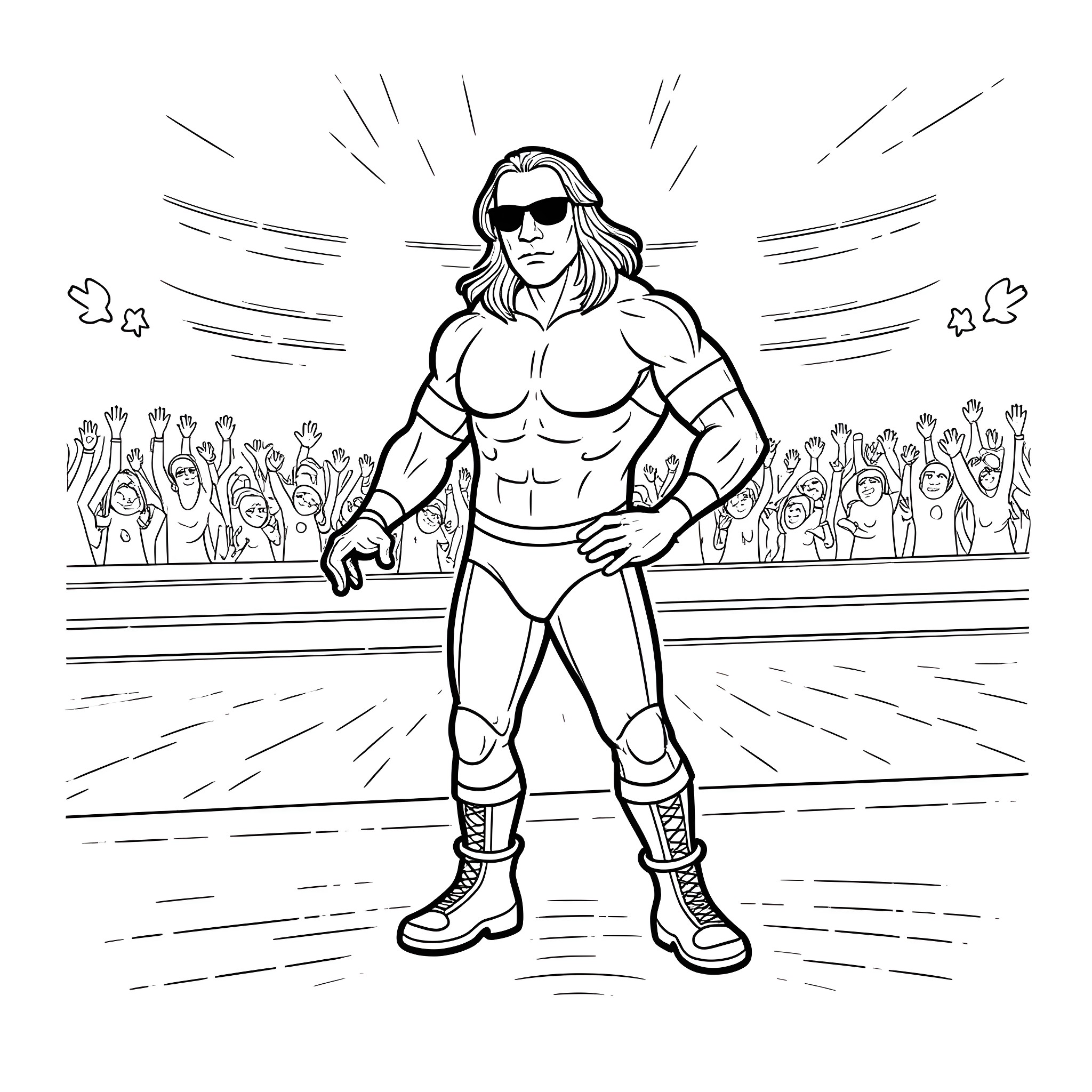 Bret Hart's triumphant entrance to the ring Coloring Page (free black-and-white line drawing printable PDF for all, from beginners to advanced learners, including children, teens, adults, and seniors)