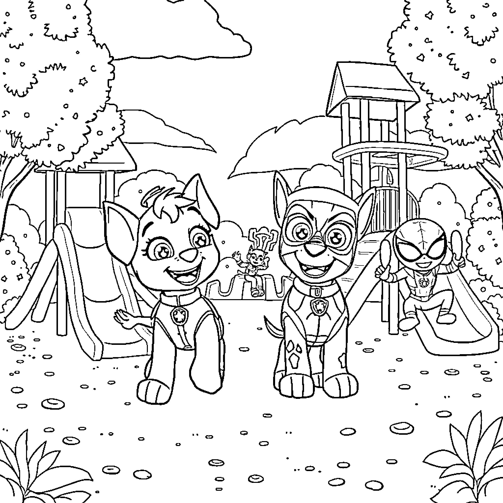 Paw Patrol characters enjoying the playground Coloring Page (free black-and-white line drawing printable PDF for all, from beginners to advanced learners, including children, teens, adults, and seniors)