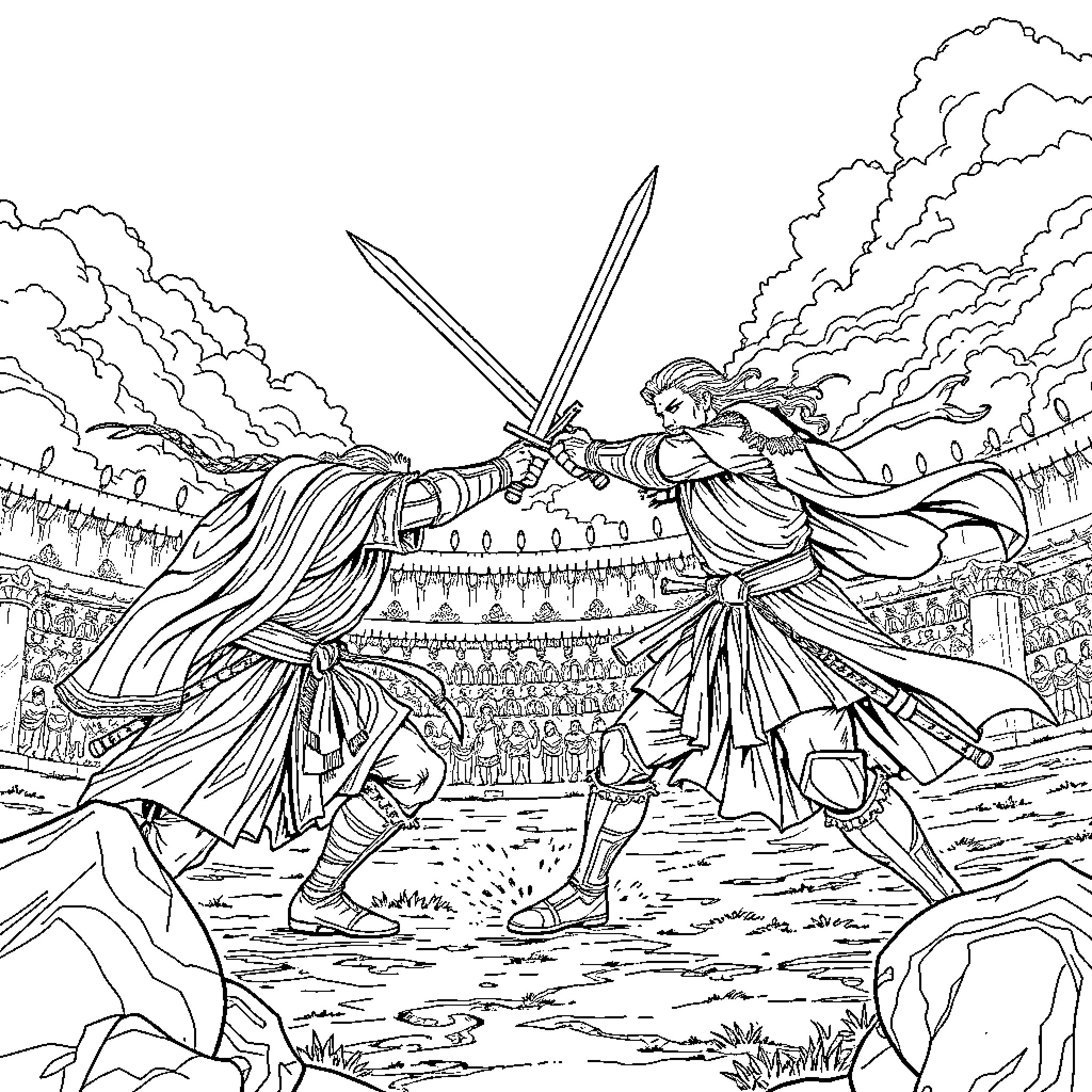 Sword Duel Amid Dramatic Clouds and Smoke Coloring Page (free black-and-white line drawing printable PDF for all, from beginners to advanced learners, including children, teens, adults, and seniors)