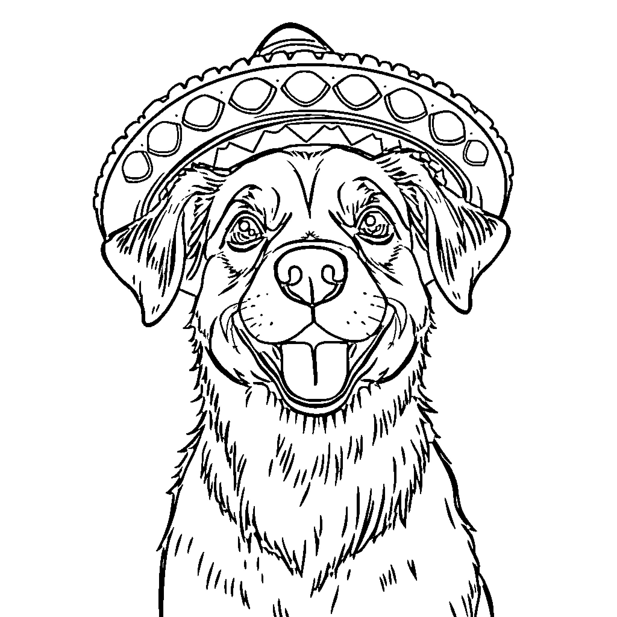 Dog wearing a festive sombrero hat Coloring Page (free black-and-white line drawing printable PDF for all, from beginners to advanced learners, including children, teens, adults, and seniors)